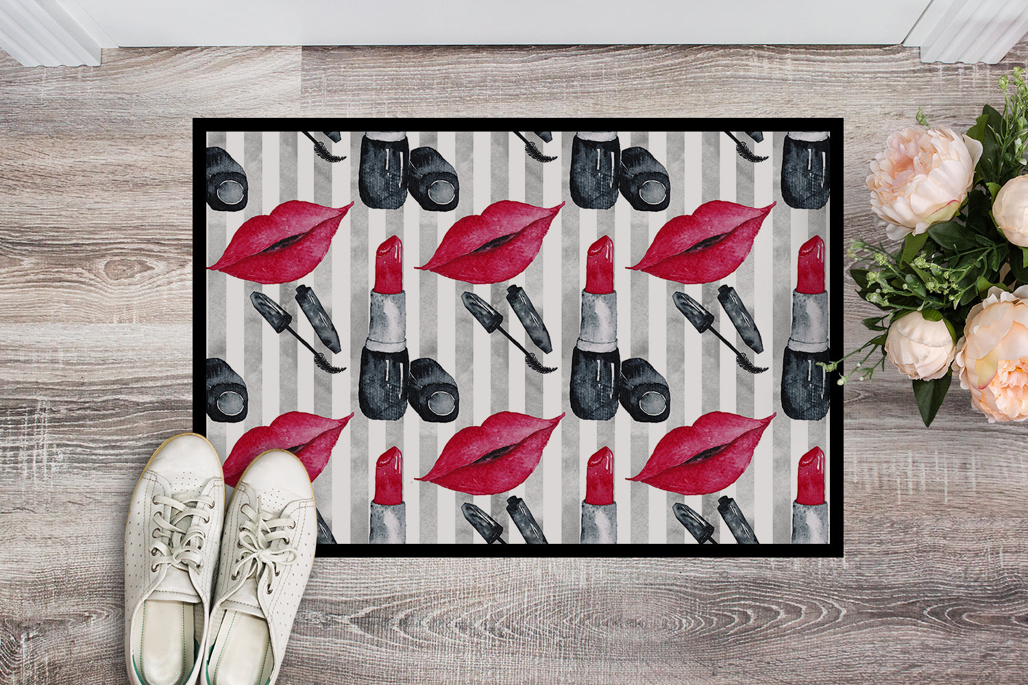 Watercolor Lipstick and Grey Stripes Indoor or Outdoor Mat 18x27 BB7512MAT - the-store.com