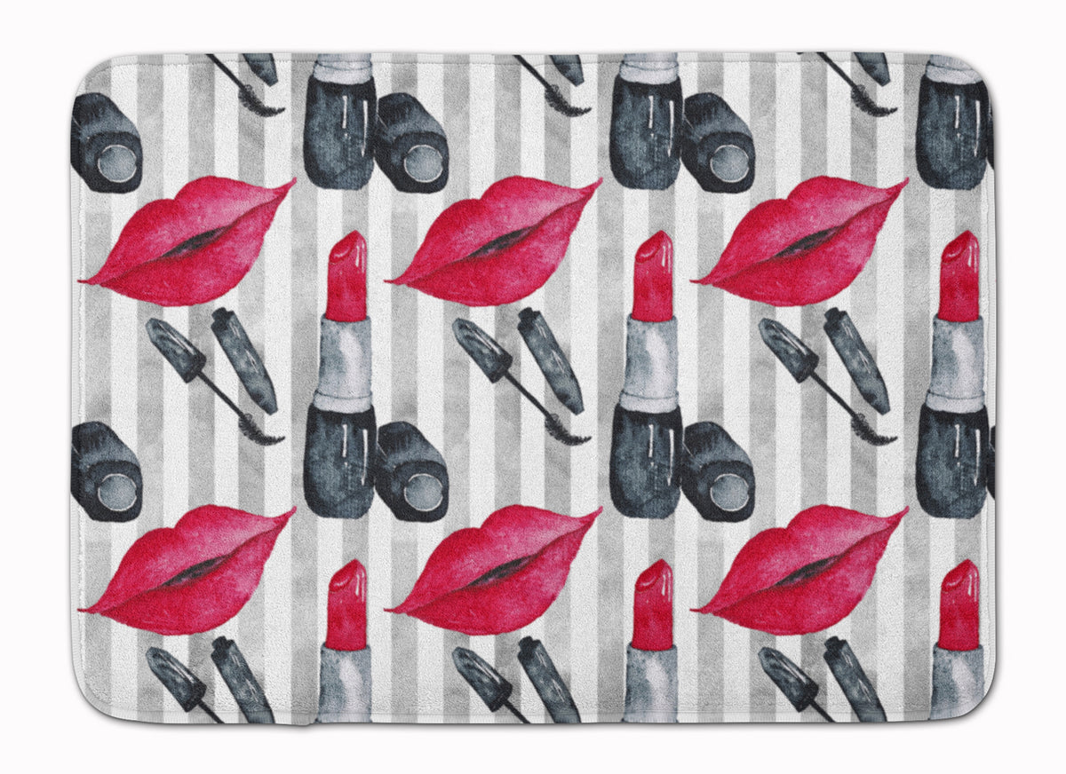 Watercolor Lipstick and Grey Stripes Machine Washable Memory Foam Mat BB7512RUG - the-store.com