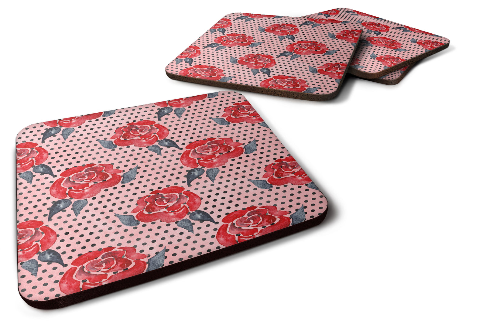 Watercolor Red Roses and Polkadots Foam Coaster Set of 4 BB7513FC - the-store.com