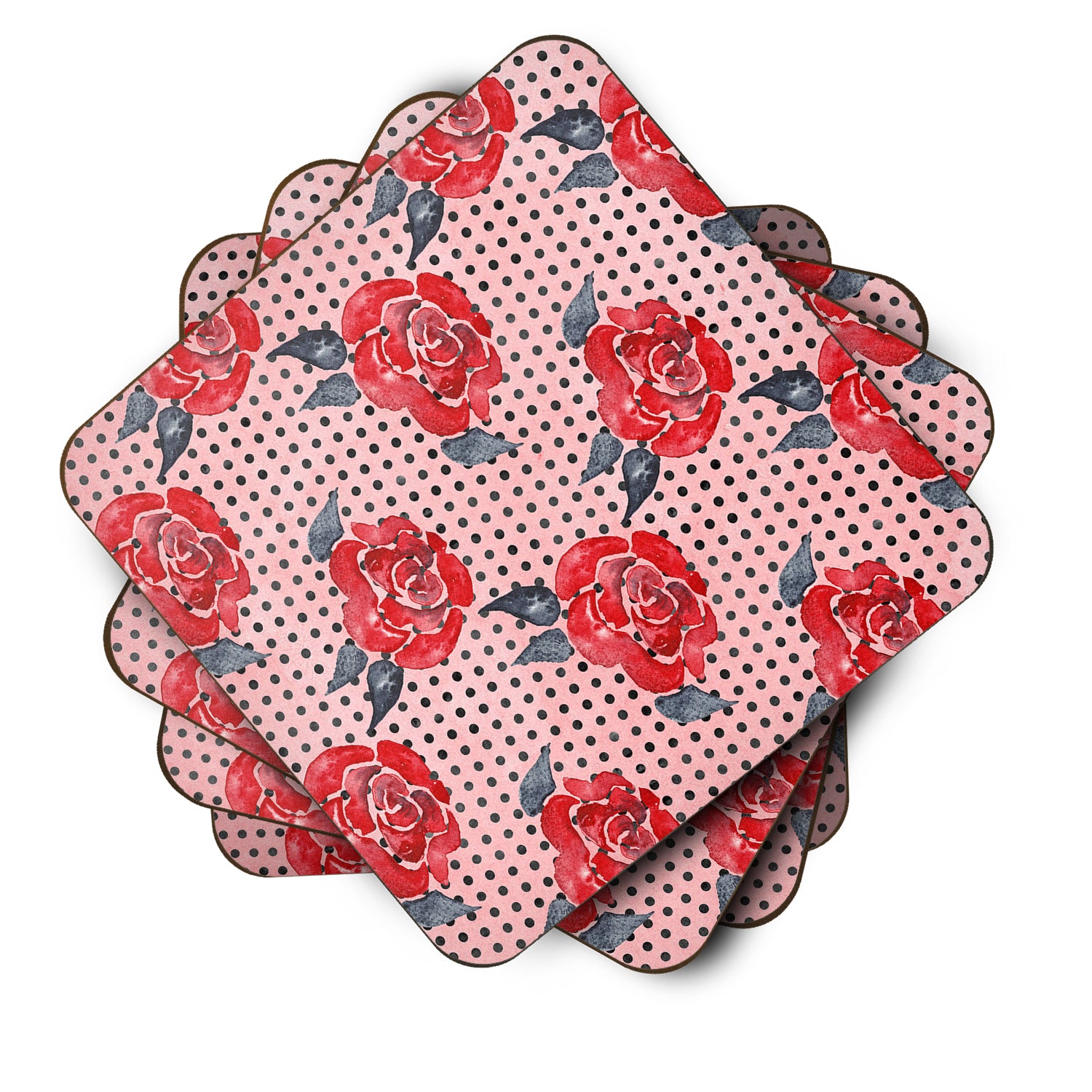 Watercolor Red Roses and Polkadots Foam Coaster Set of 4 BB7513FC - the-store.com