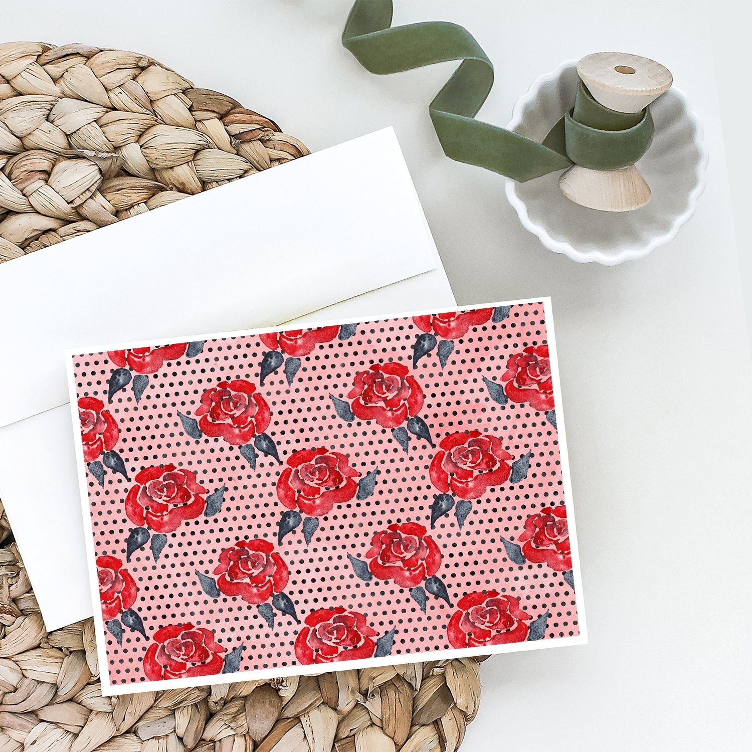 Buy this Watercolor Red Roses and Polkadots Greeting Cards and Envelopes Pack of 8
