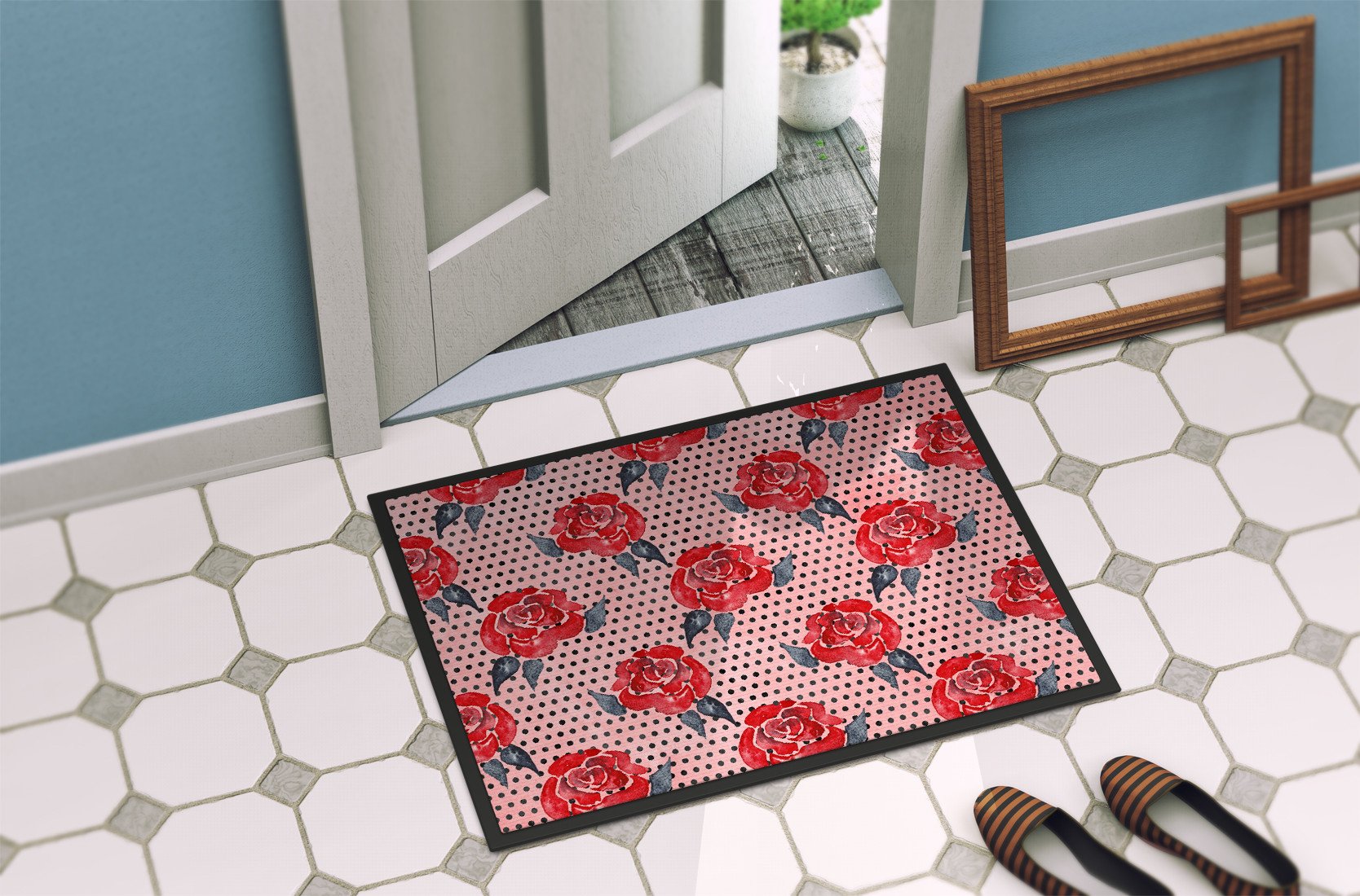 Watercolor Red Roses and Polkadots Indoor or Outdoor Mat 24x36 BB7513JMAT by Caroline's Treasures