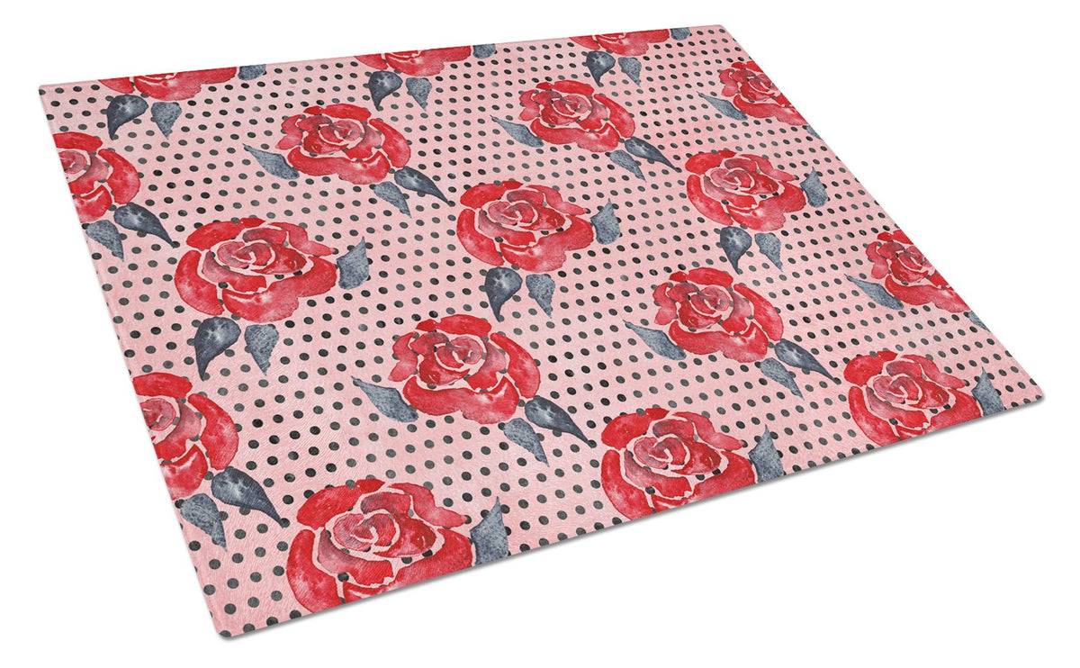 Watercolor Red Roses and Polkadots Glass Cutting Board Large BB7513LCB by Caroline&#39;s Treasures
