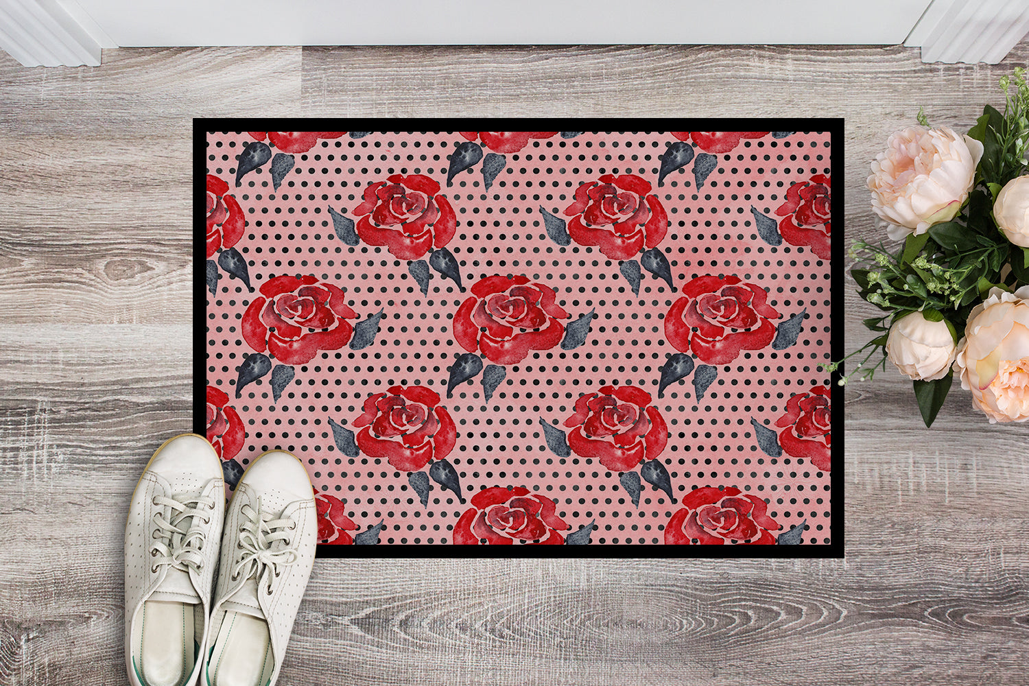 Watercolor Red Roses and Polkadots Indoor or Outdoor Mat 18x27 BB7513MAT - the-store.com