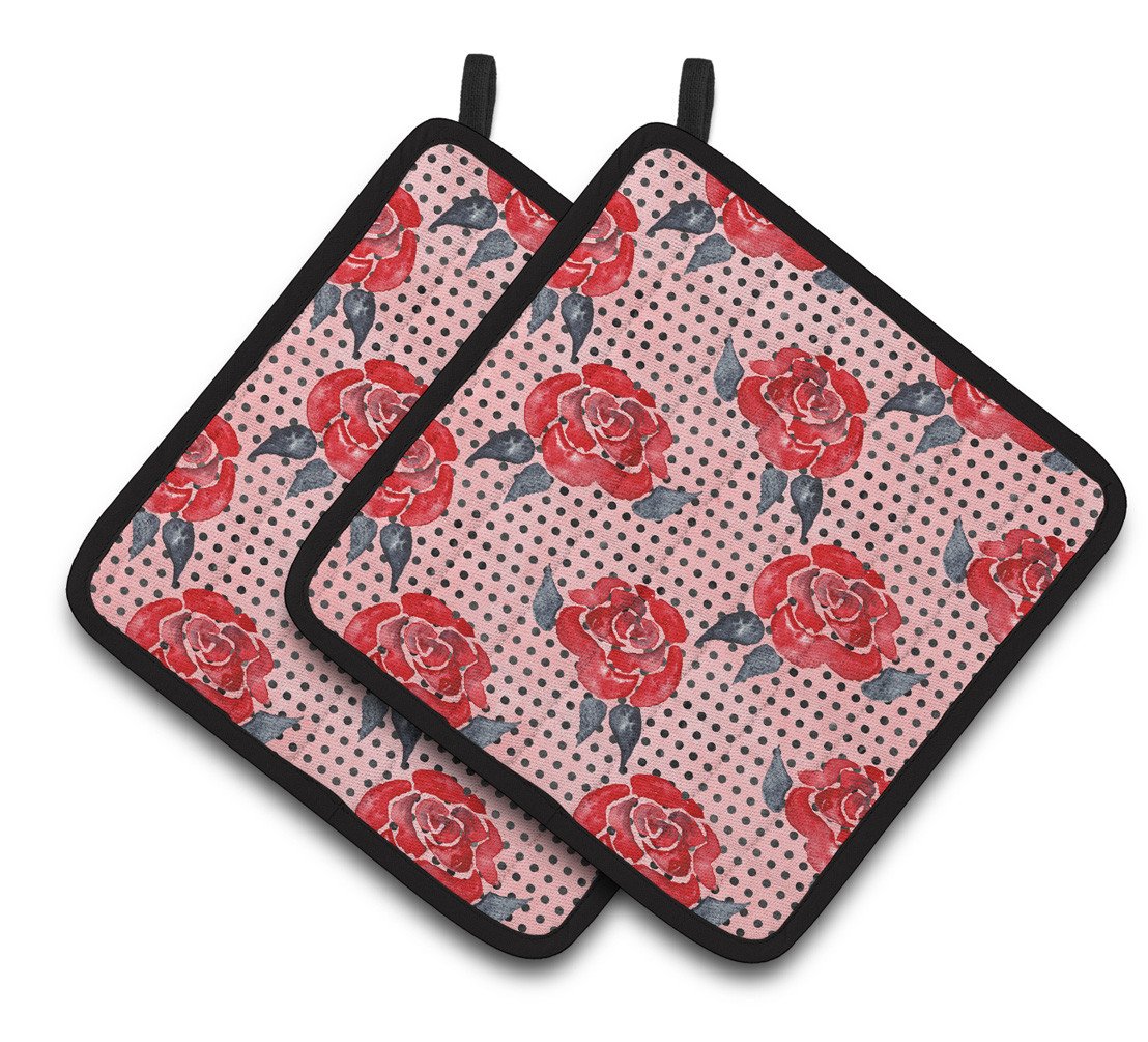 Watercolor Red Roses and Polkadots Pair of Pot Holders BB7513PTHD by Caroline&#39;s Treasures