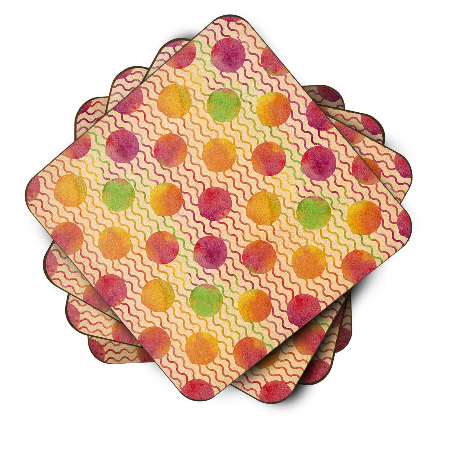 Watercolor Rainbow Dots and Sqiggles Foam Coaster Set of 4 BB7514FC - the-store.com