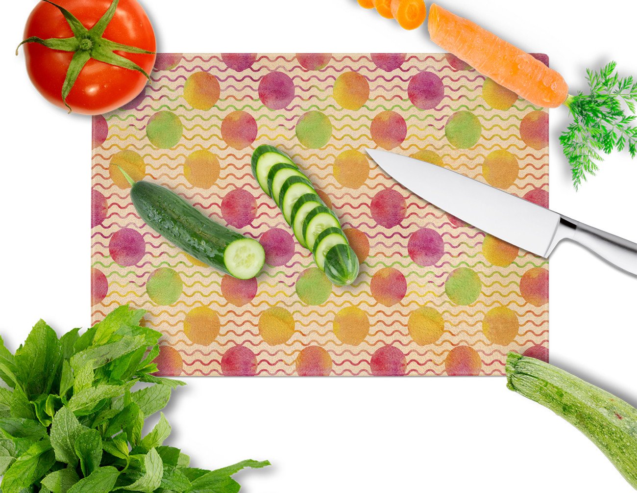 Watercolor Rainbow Dots and Sqiggles Glass Cutting Board Large BB7514LCB by Caroline's Treasures
