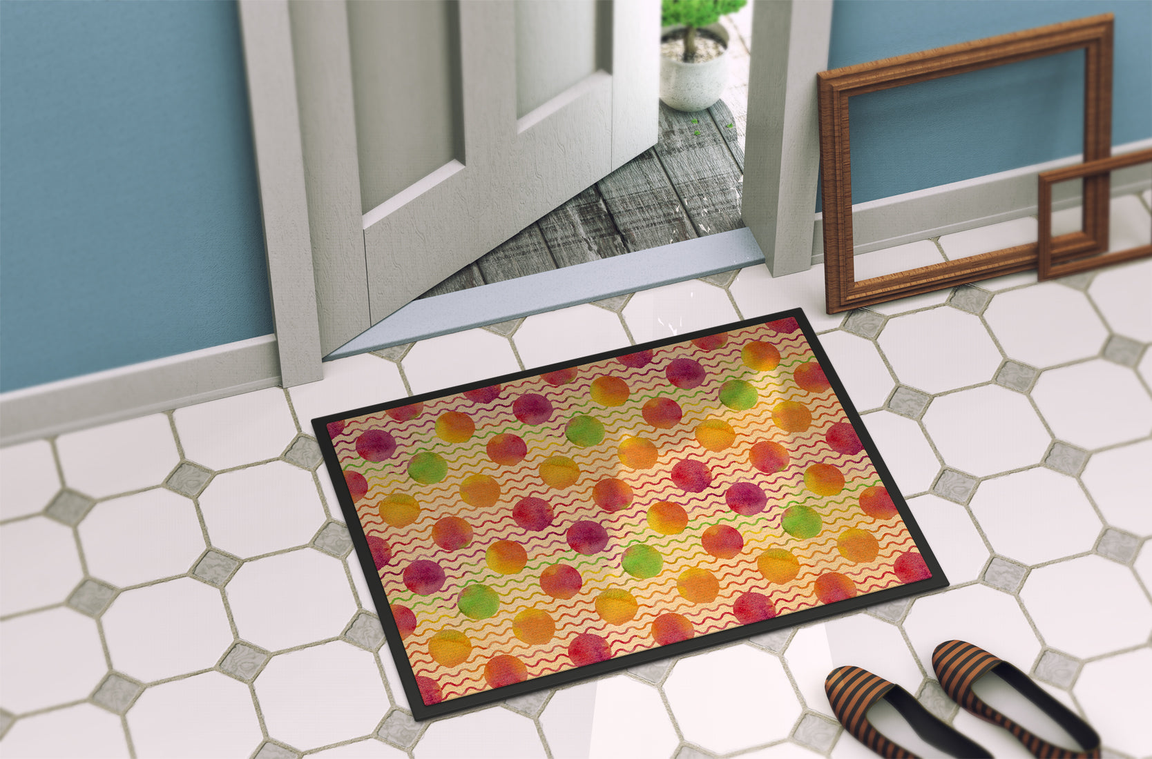 Watercolor Rainbow Dots and Sqiggles Indoor or Outdoor Mat 18x27 BB7514MAT - the-store.com