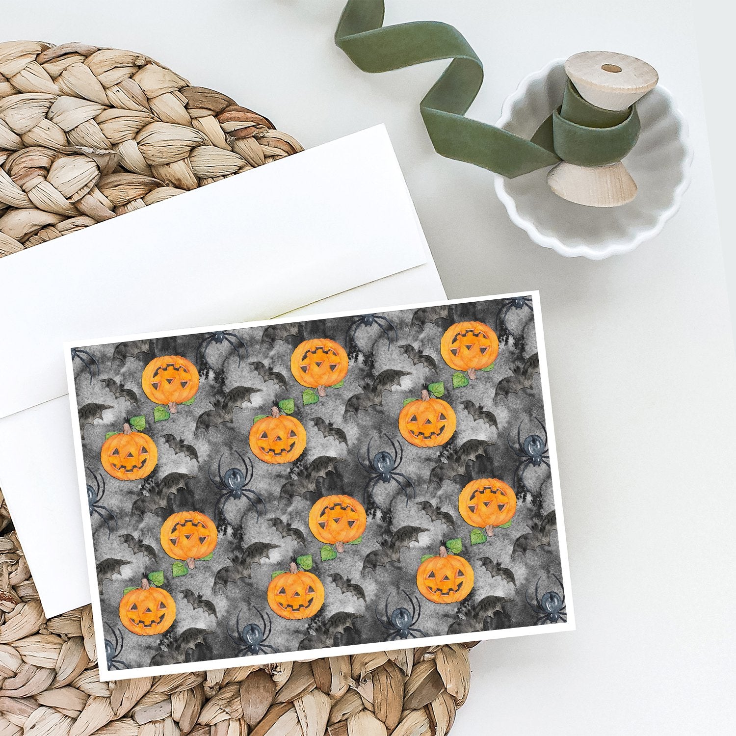 Watecolor Halloween Jack-O-Lantern Bats Greeting Cards and Envelopes Pack of 8 - the-store.com