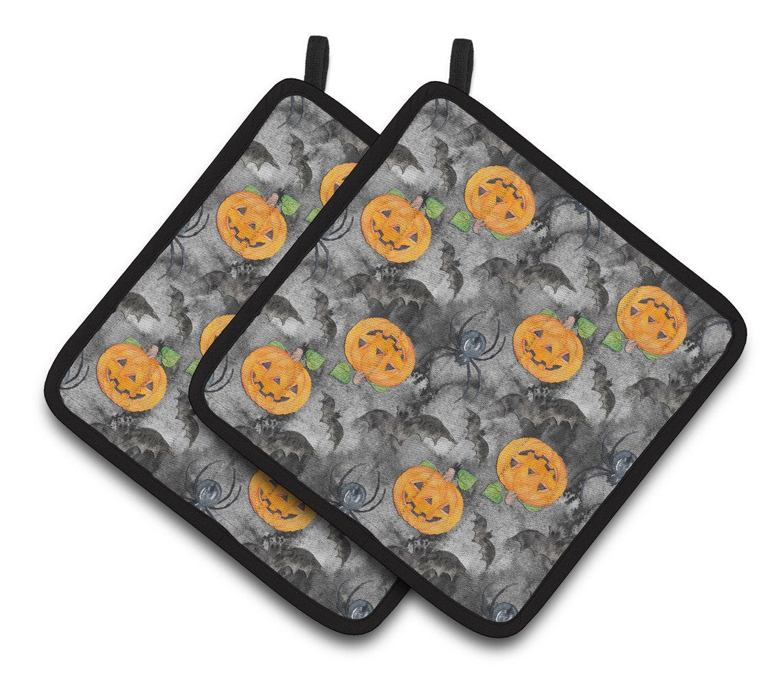 Watecolor Halloween Jack-O-Lantern Bats Pair of Pot Holders BB7525PTHD by Caroline&#39;s Treasures