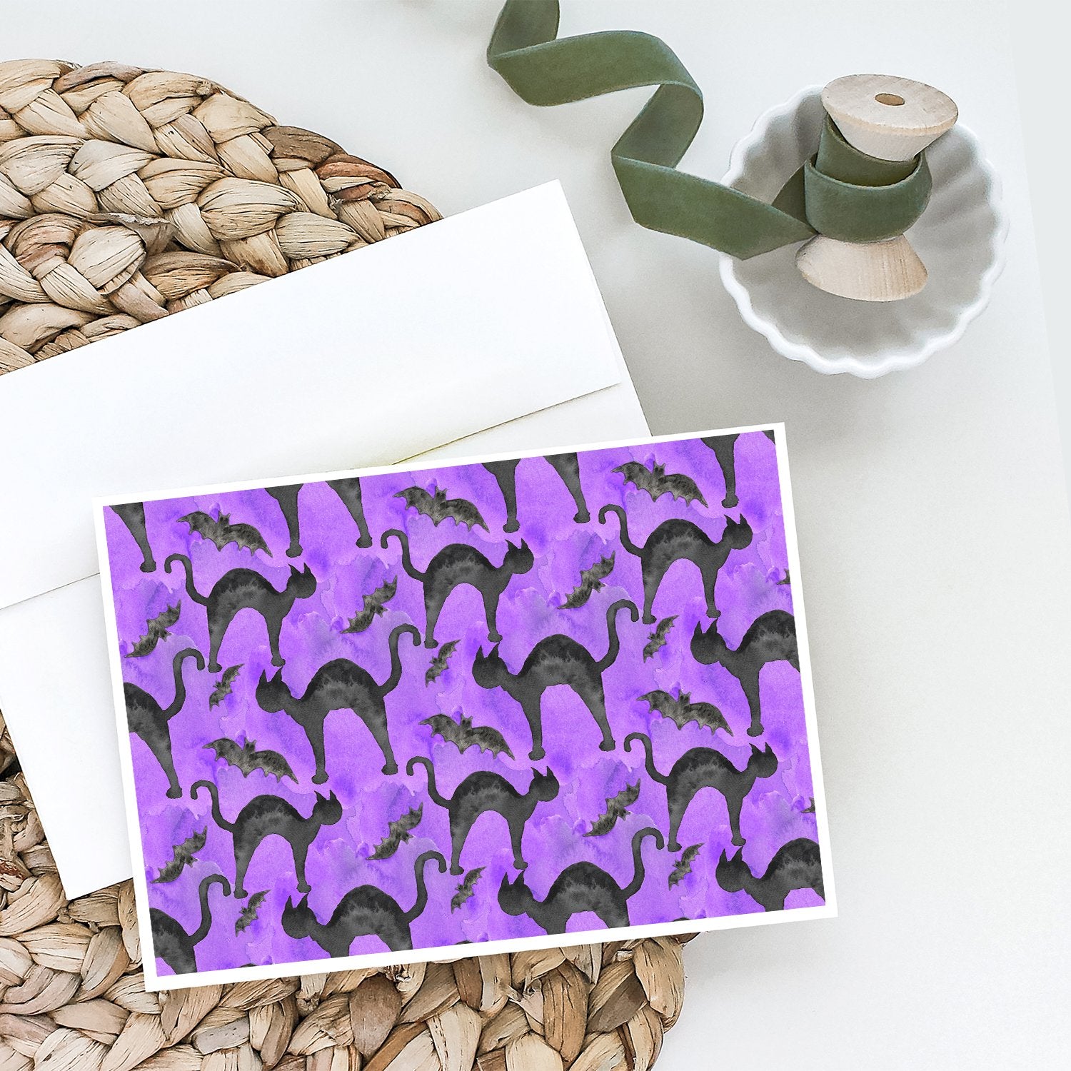 Watecolor Halloween Black Cats on Purple Greeting Cards and Envelopes Pack of 8 - the-store.com