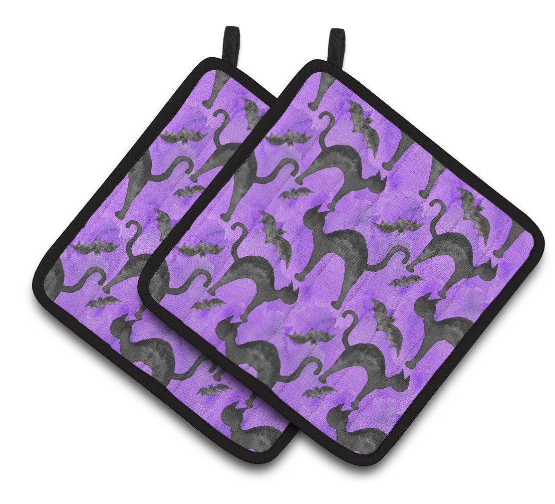 Watecolor Halloween Black Cats on Purple Pair of Pot Holders BB7528PTHD by Caroline&#39;s Treasures