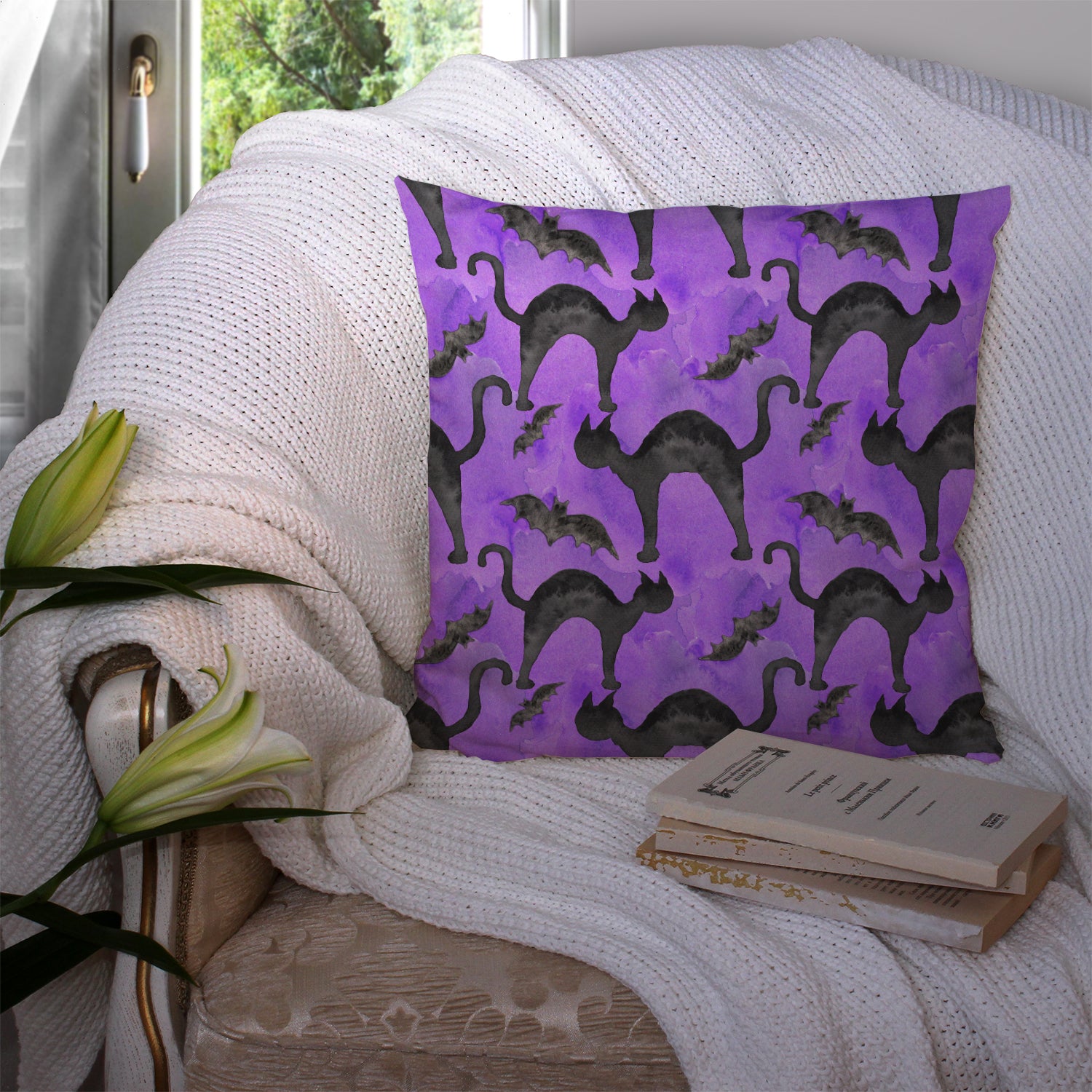 Watecolor Halloween Black Cats on Purple Fabric Decorative Pillow BB7528PW1414 - the-store.com