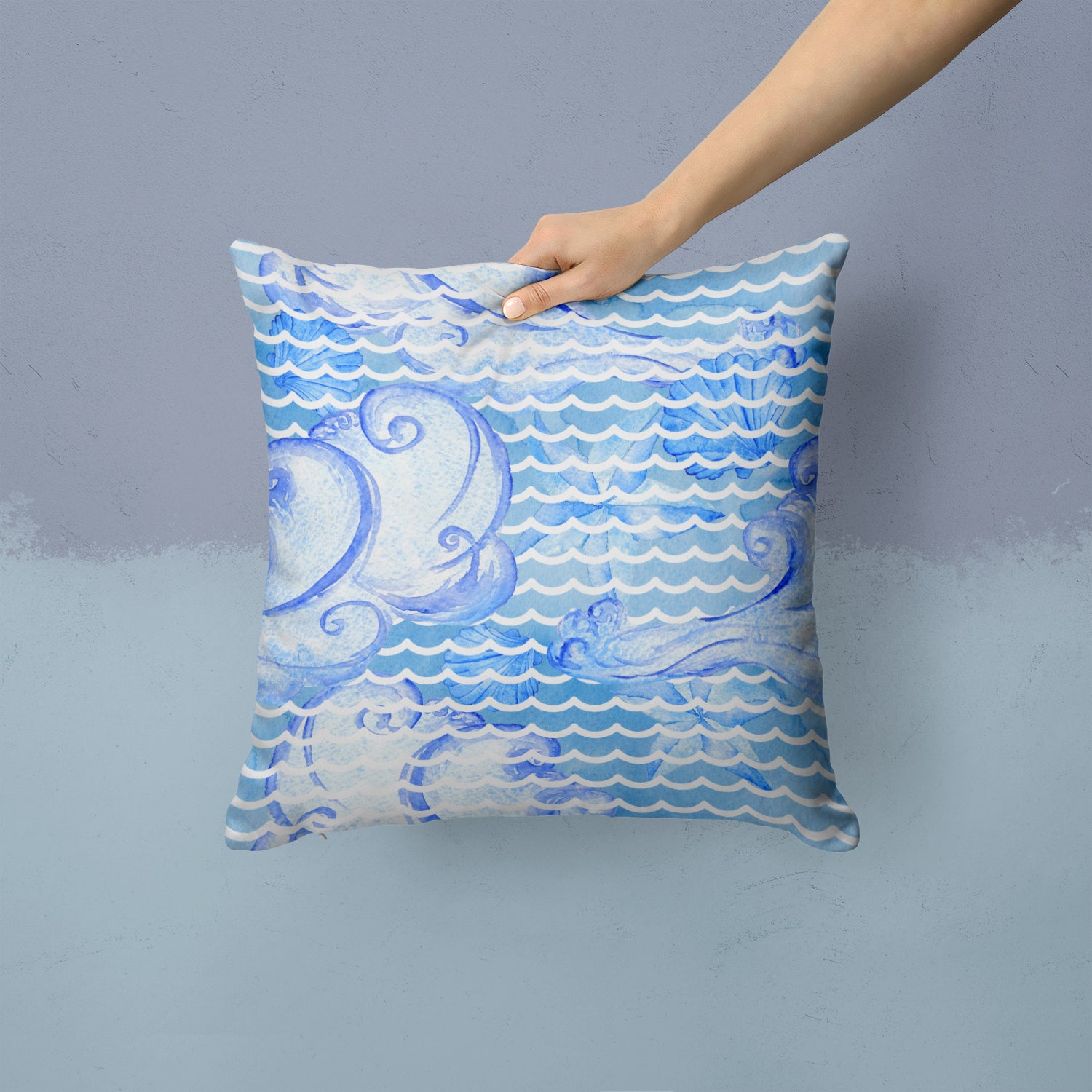 Beach Watercolor Abstract Waves Fabric Decorative Pillow BB7530PW1414 - the-store.com