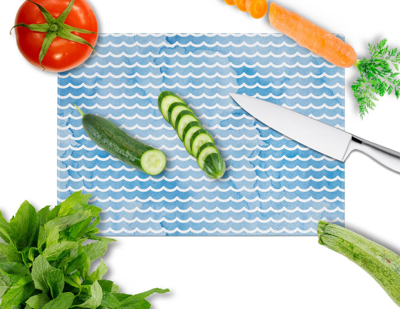Caroline's Treasures Beach Watercolor Waves Glass Cutting Boards – Durable, Decorative Kitchen Art Large BB7531LCB