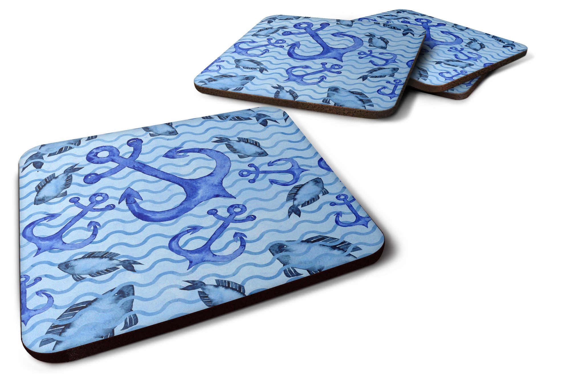 Beach Watercolor Anchors and Fish Foam Coaster Set of 4 BB7534FC - the-store.com