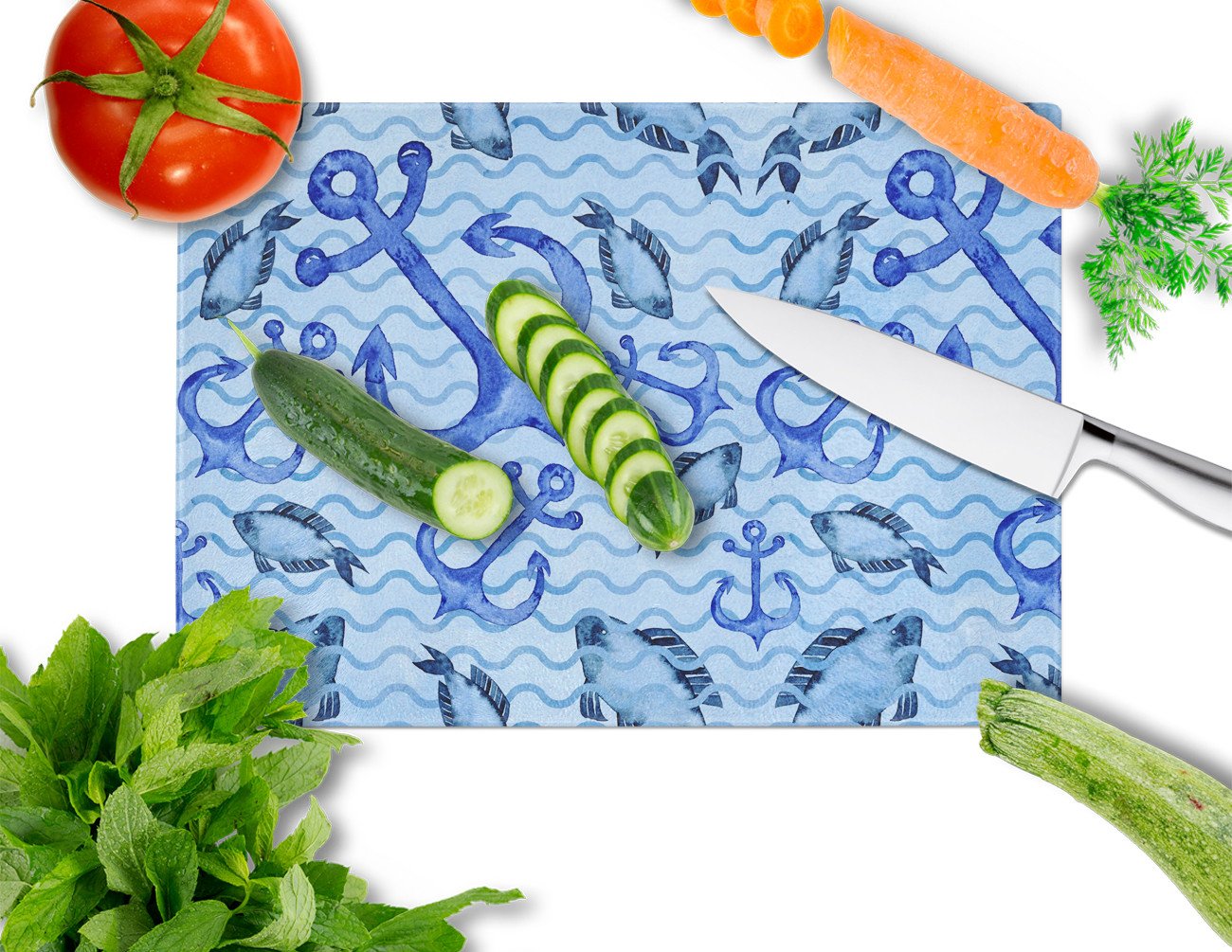 Beach Watercolor Anchors and Fish Glass Cutting Board Large BB7534LCB by Caroline's Treasures