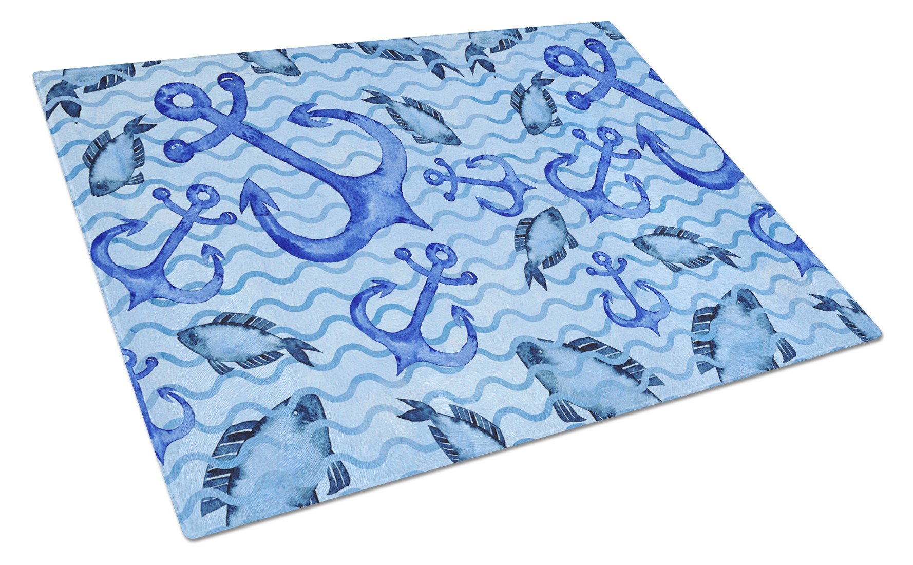 Beach Watercolor Anchors and Fish Glass Cutting Board Large BB7534LCB by Caroline's Treasures