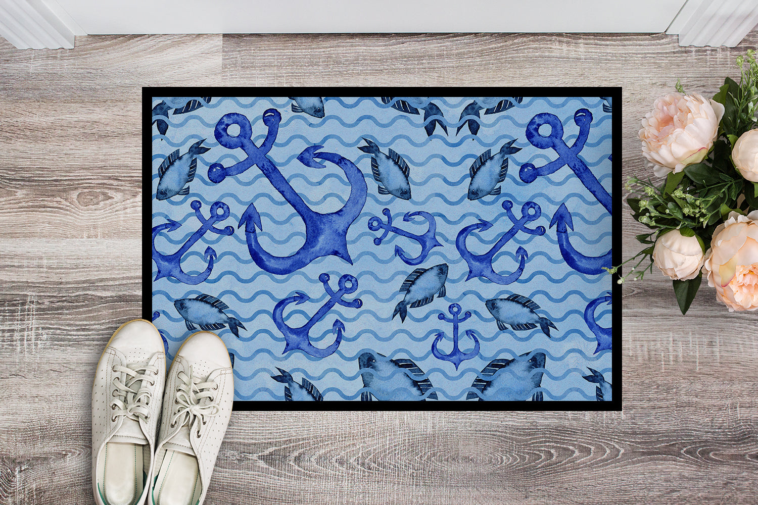 Beach Watercolor Anchors and Fish Indoor or Outdoor Mat 18x27 BB7534MAT - the-store.com