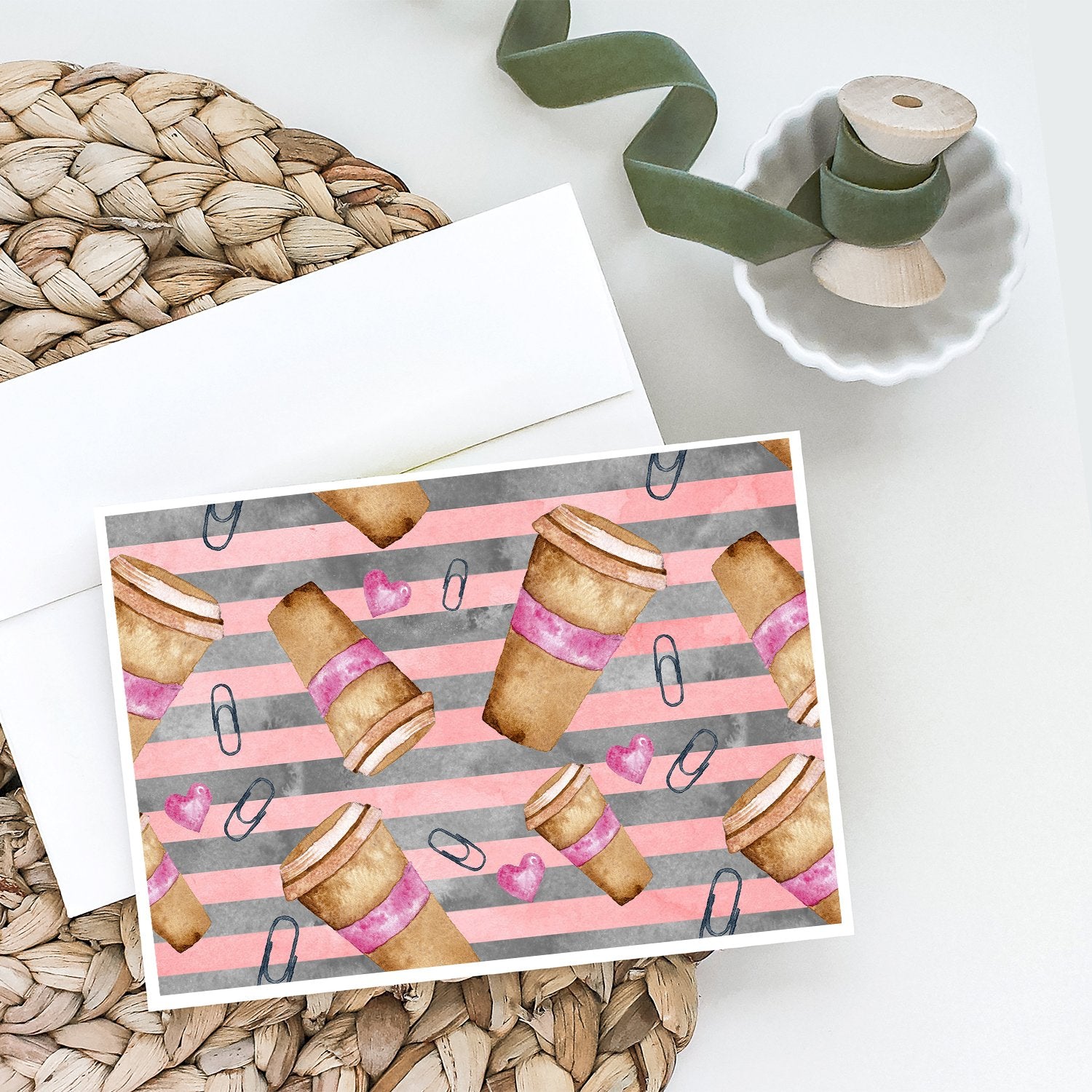 Watercolor Coffee and Paper Clips Greeting Cards and Envelopes Pack of 8 - the-store.com