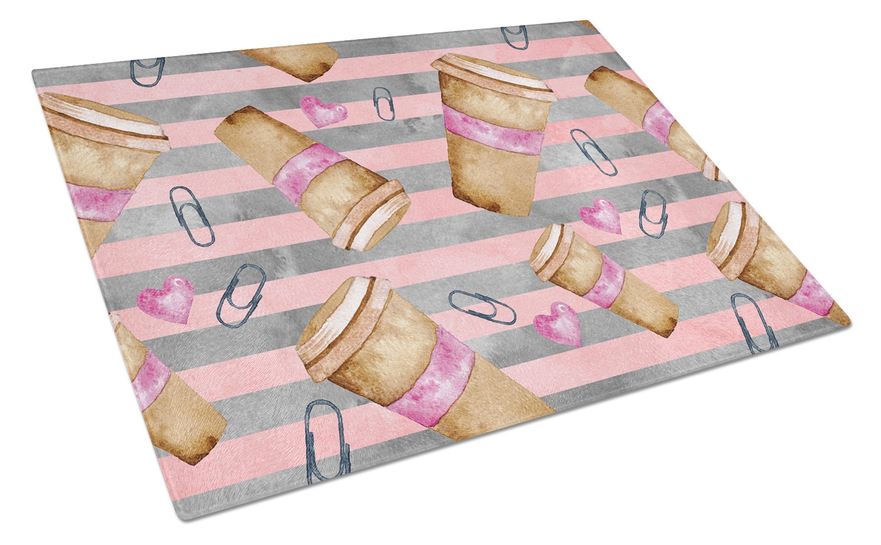 Watercolor Coffee and Paper Clips Glass Cutting Board Large BB7538LCB by Caroline's Treasures