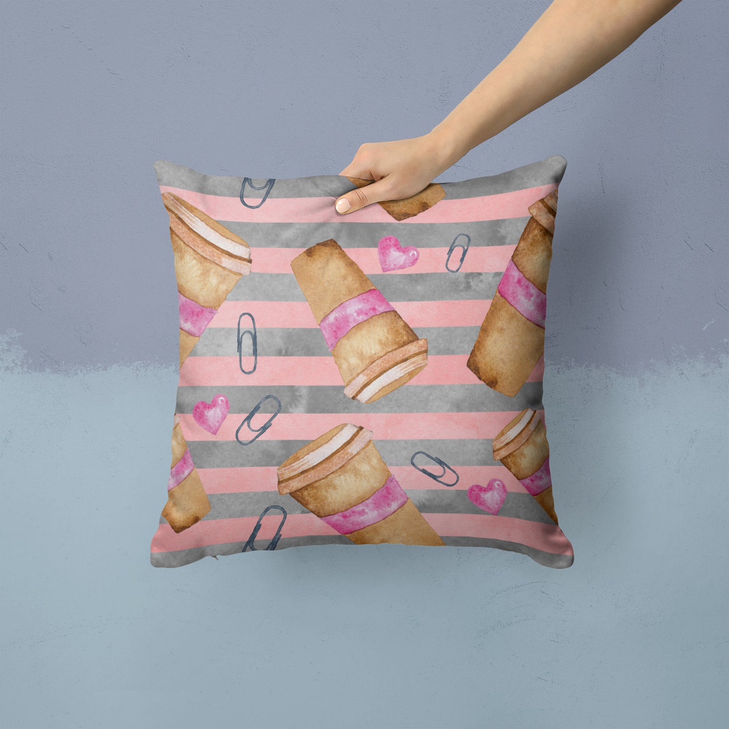 Watercolor Coffee and Paper Clips Fabric Decorative Pillow BB7538PW1414 - the-store.com