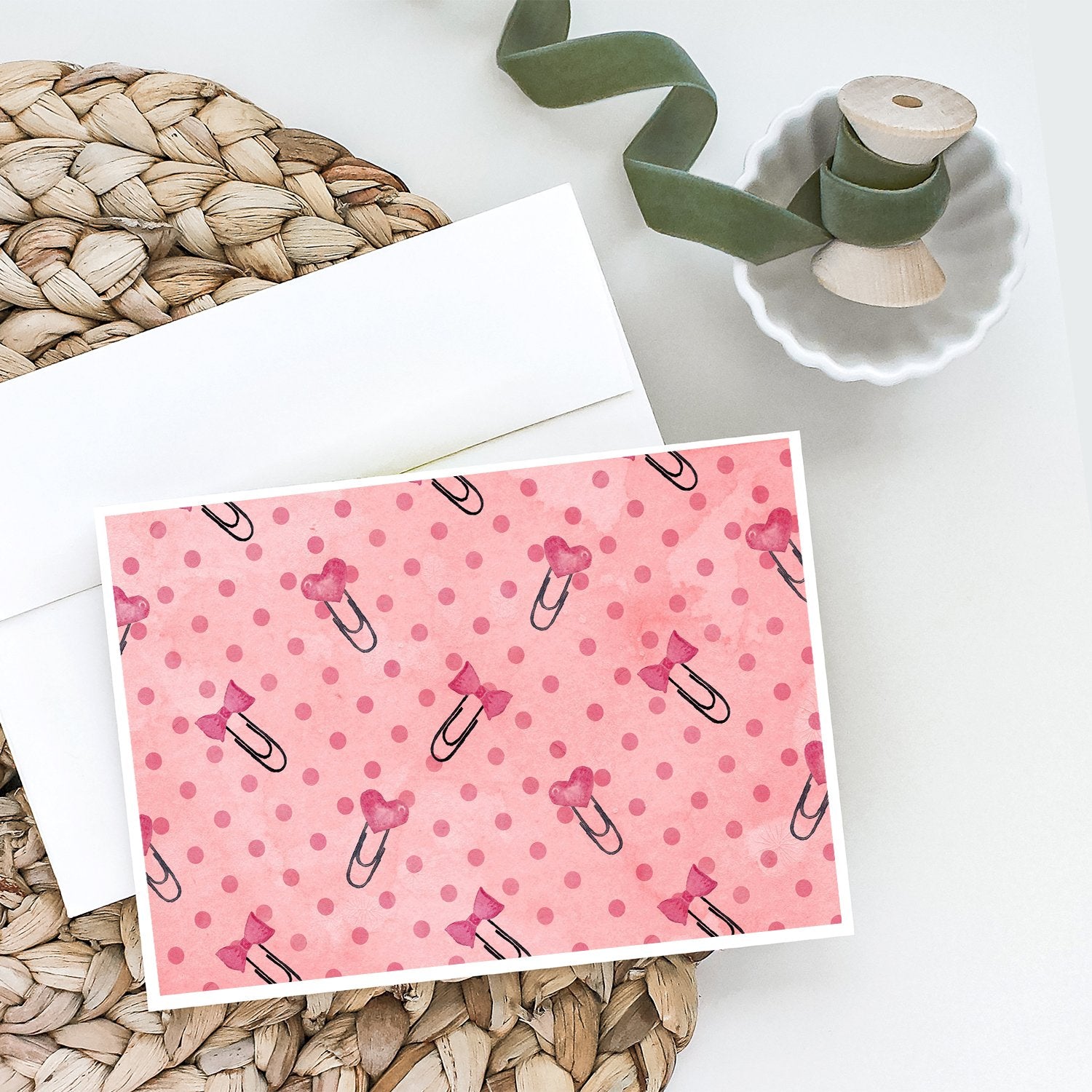 Watercolor Paper Clips and Polkadots Pink BB7543DS66 Greeting Cards and Envelopes Pack of 8 - the-store.com