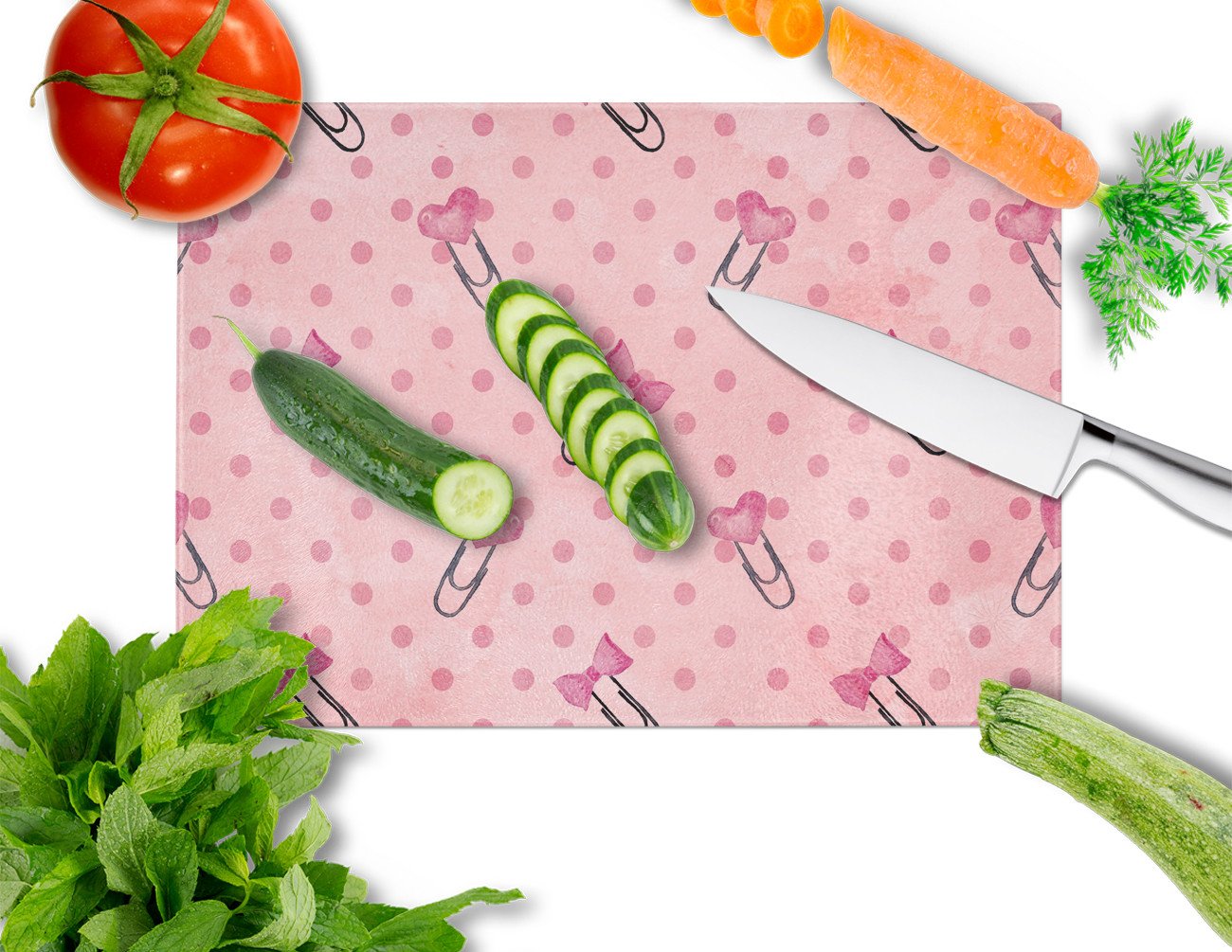 Watercolor Paper Clips and Polkadots Pink Glass Cutting Board Large BB7543LCB by Caroline's Treasures