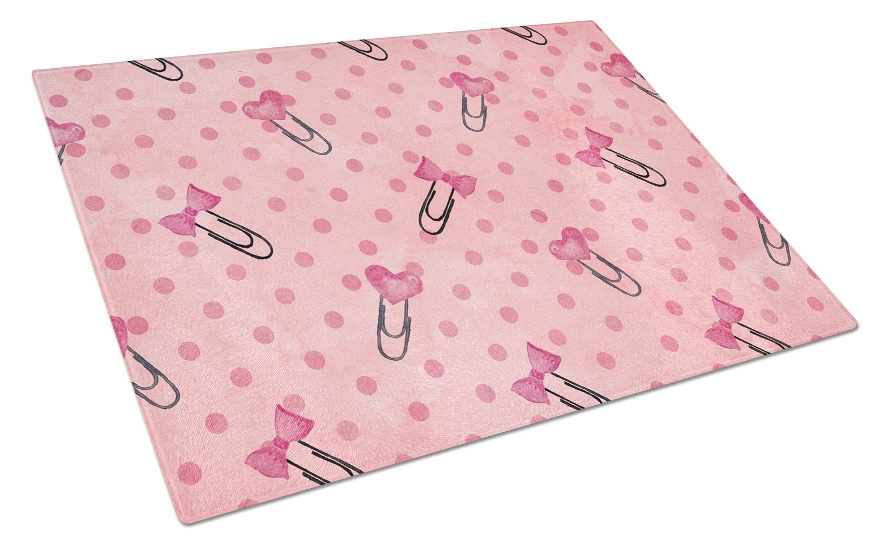 Watercolor Paper Clips and Polkadots Pink Glass Cutting Board Large BB7543LCB by Caroline's Treasures