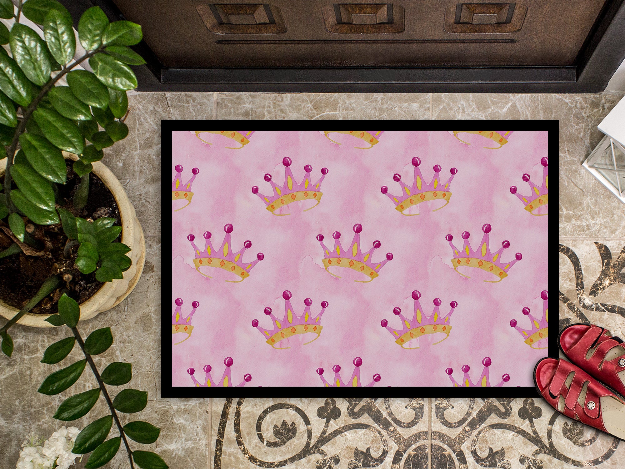 Watercolor Princess Crown on Pink Indoor or Outdoor Mat 18x27 BB7546MAT - the-store.com