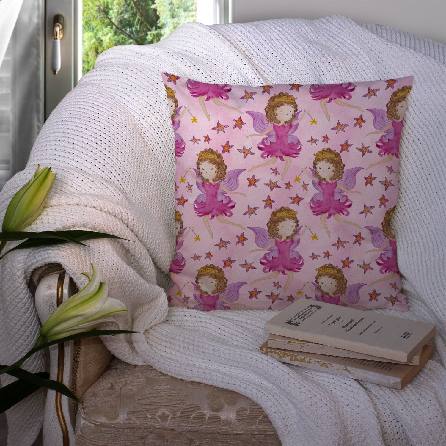 Watercolor Fairy Princess on Pink Fabric Decorative Pillow BB7547PW1414 - the-store.com