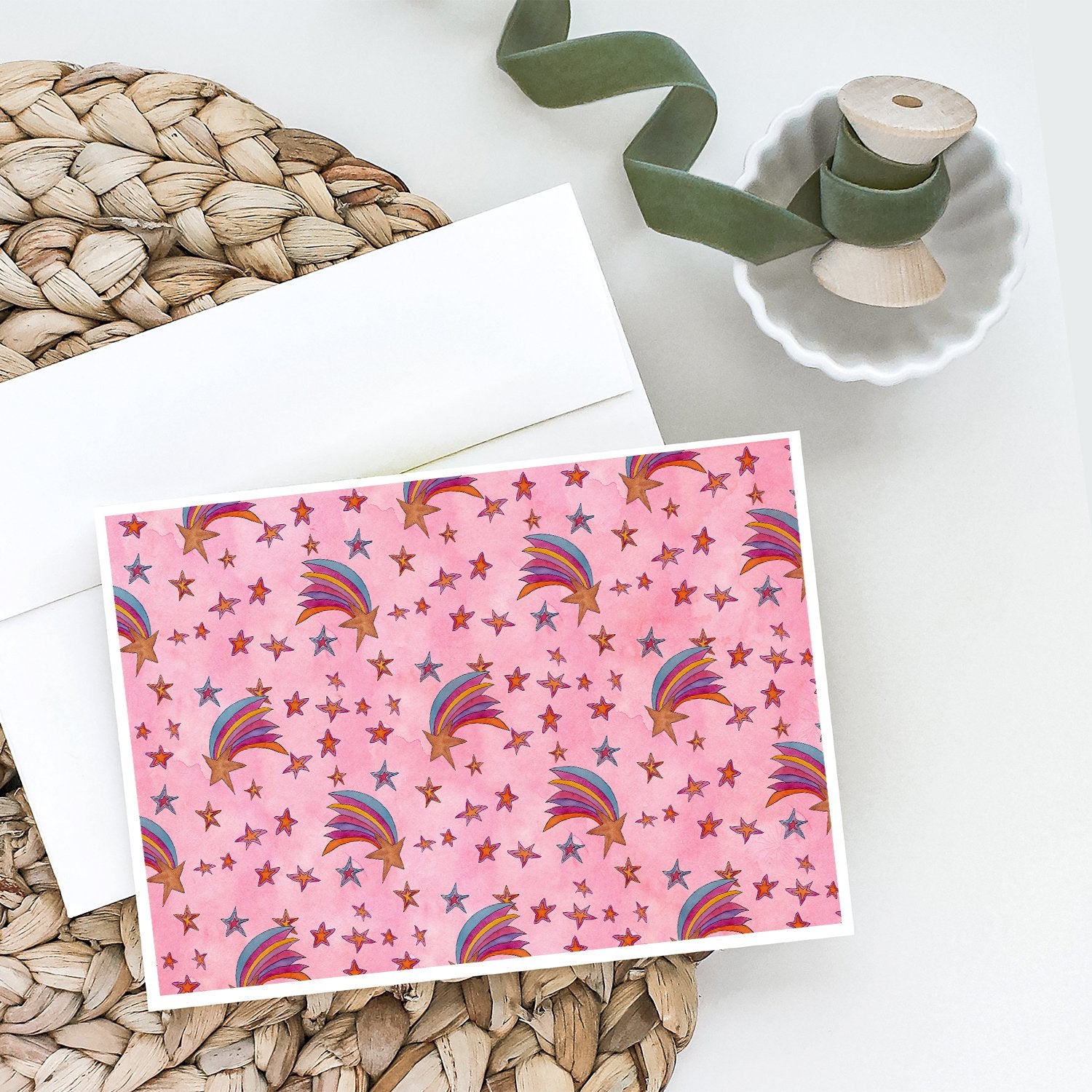 Watercolor Shooting Stars on Pink Greeting Cards and Envelopes Pack of 8 - the-store.com