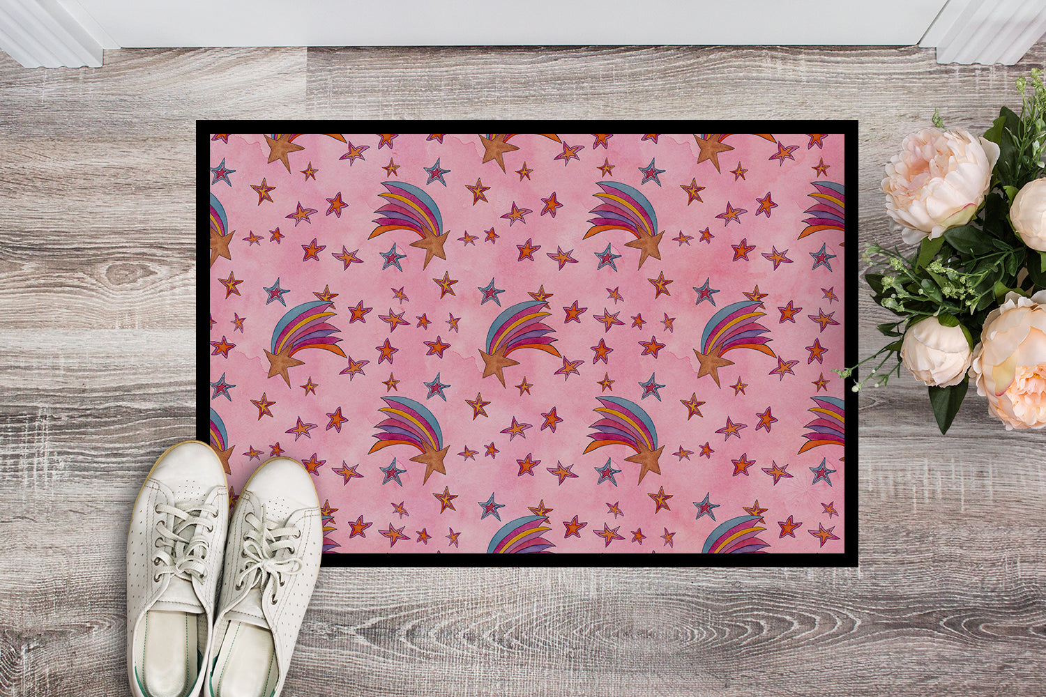 Watercolor Shooting Stars on Pink Indoor or Outdoor Mat 18x27 BB7548MAT - the-store.com
