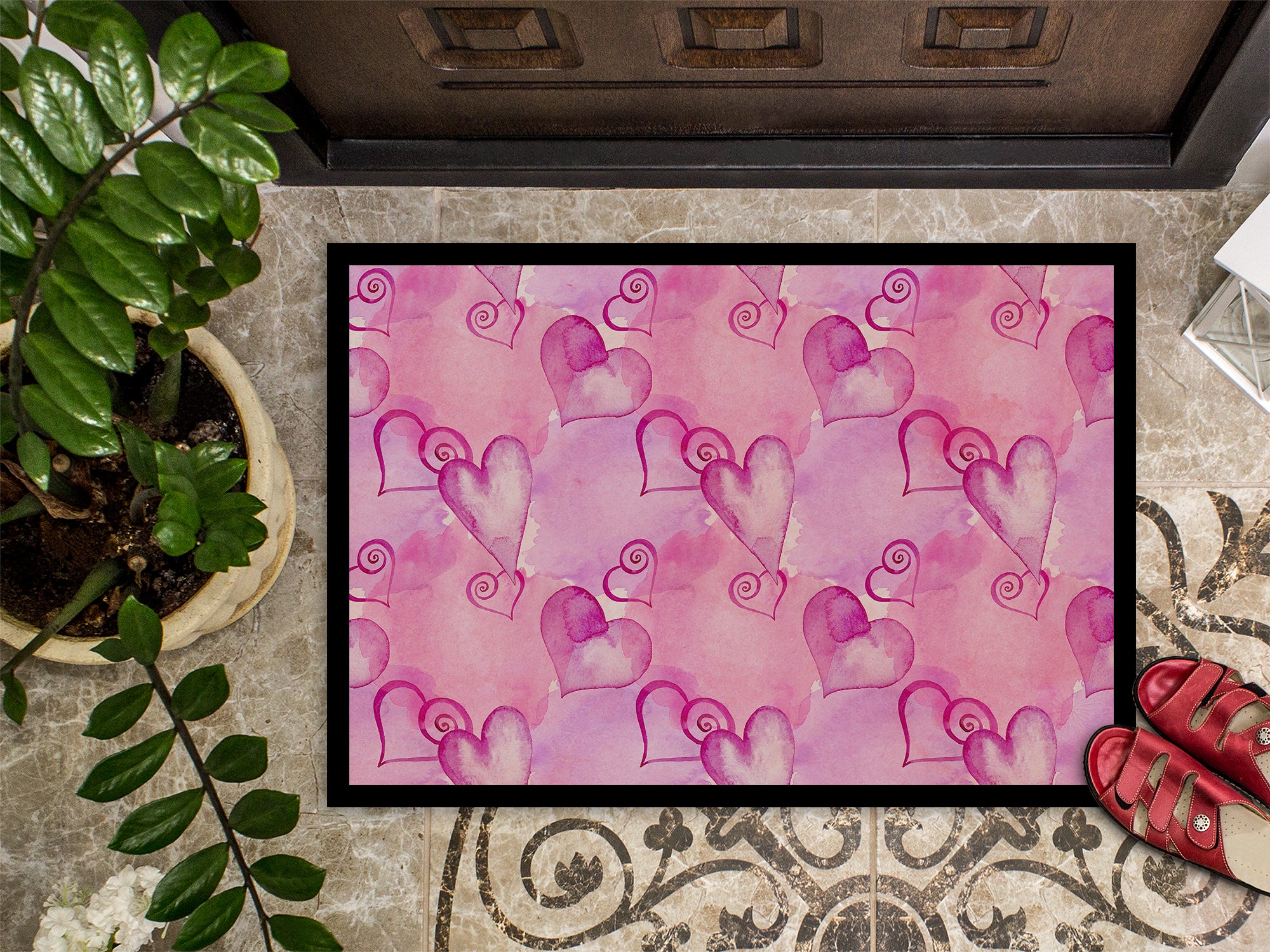 Watercolor Hot Pink Hearts Indoor or Outdoor Mat 18x27 BB7564MAT - the-store.com