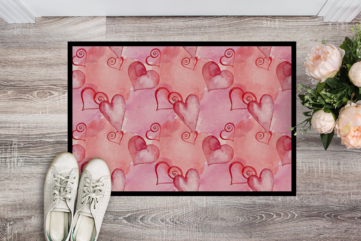 Watercolor Red Hearts Indoor or Outdoor Mat 18x27 BB7565MAT - the-store.com