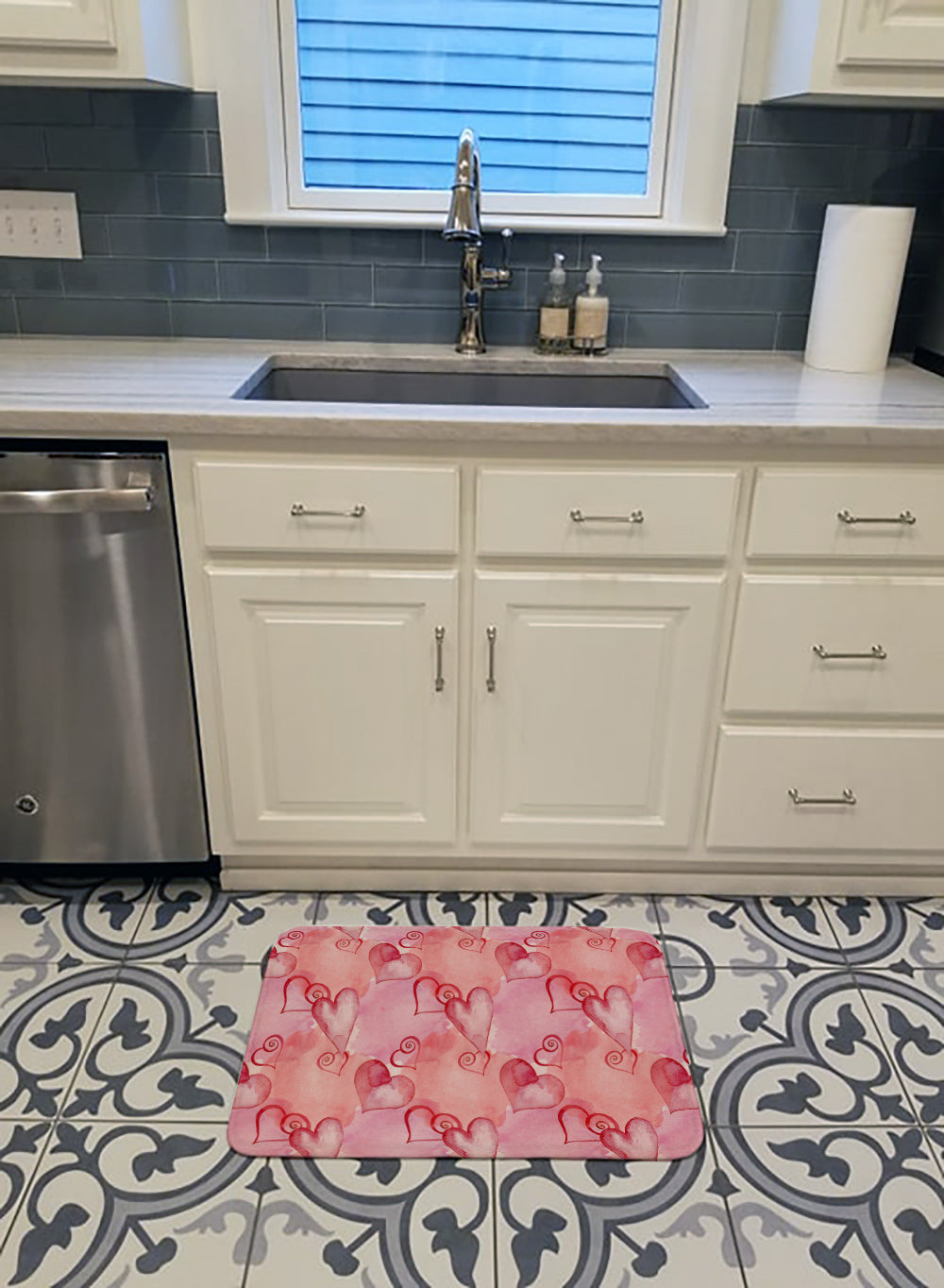Watercolor Red Hearts Machine Washable Memory Foam Mat BB7565RUG - the-store.com