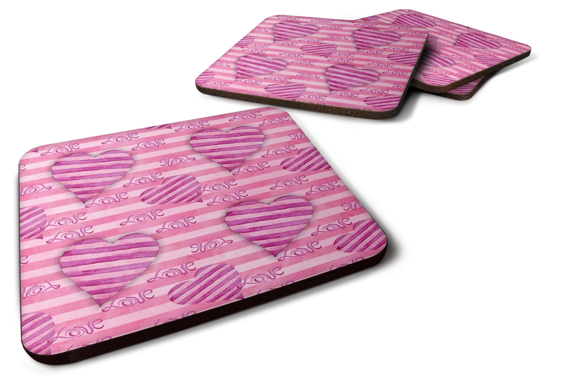 Watercolor Hot Pink Striped Hearts Foam Coaster Set of 4 BB7566FC - the-store.com