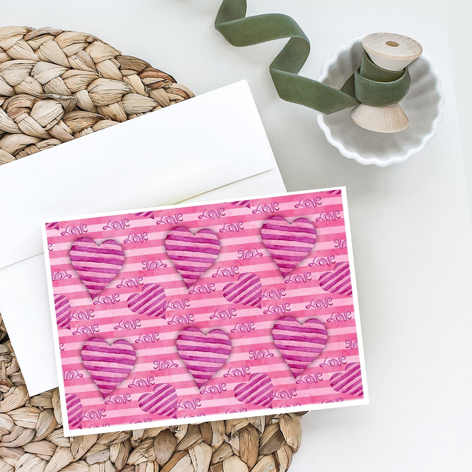 Watercolor Hot Pink Striped Hearts Greeting Cards and Envelopes Pack of 8 - the-store.com