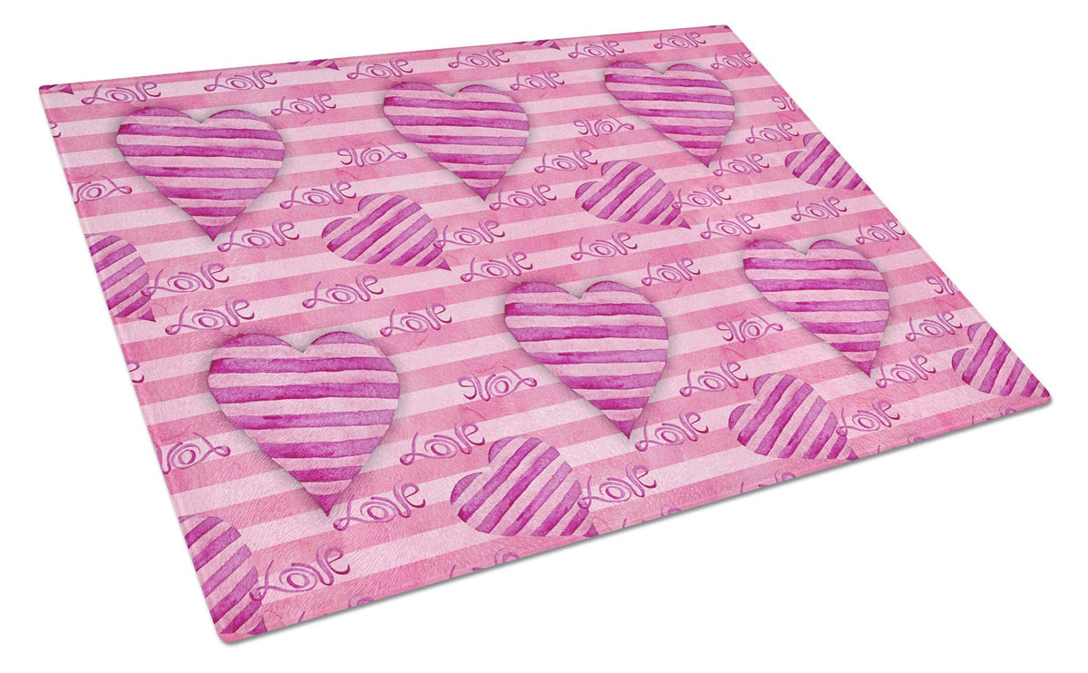 Watercolor Hot Pink Striped Hearts Glass Cutting Board Large BB7566LCB by Caroline&#39;s Treasures