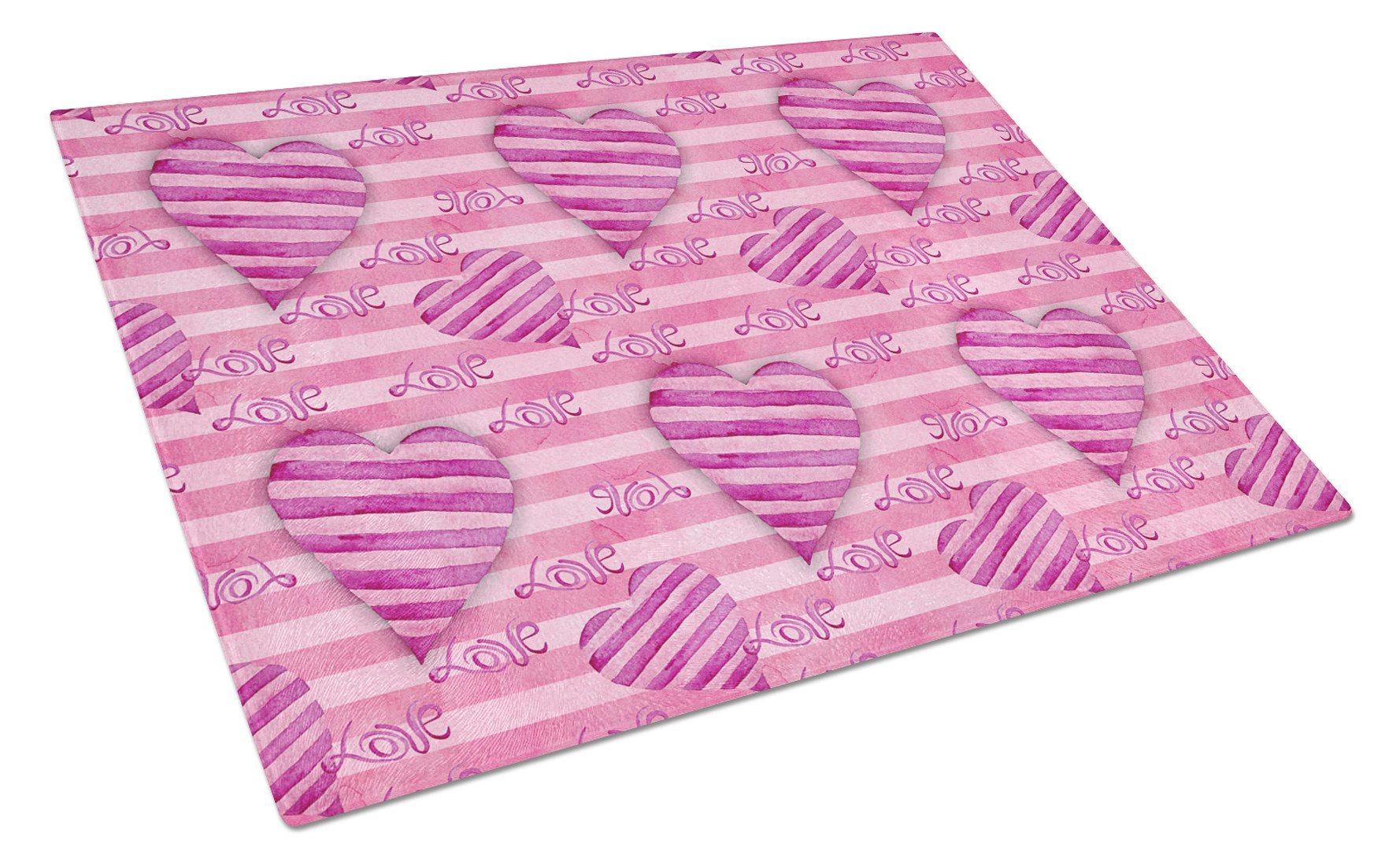 Watercolor Hot Pink Striped Hearts Glass Cutting Board Large BB7566LCB by Caroline's Treasures