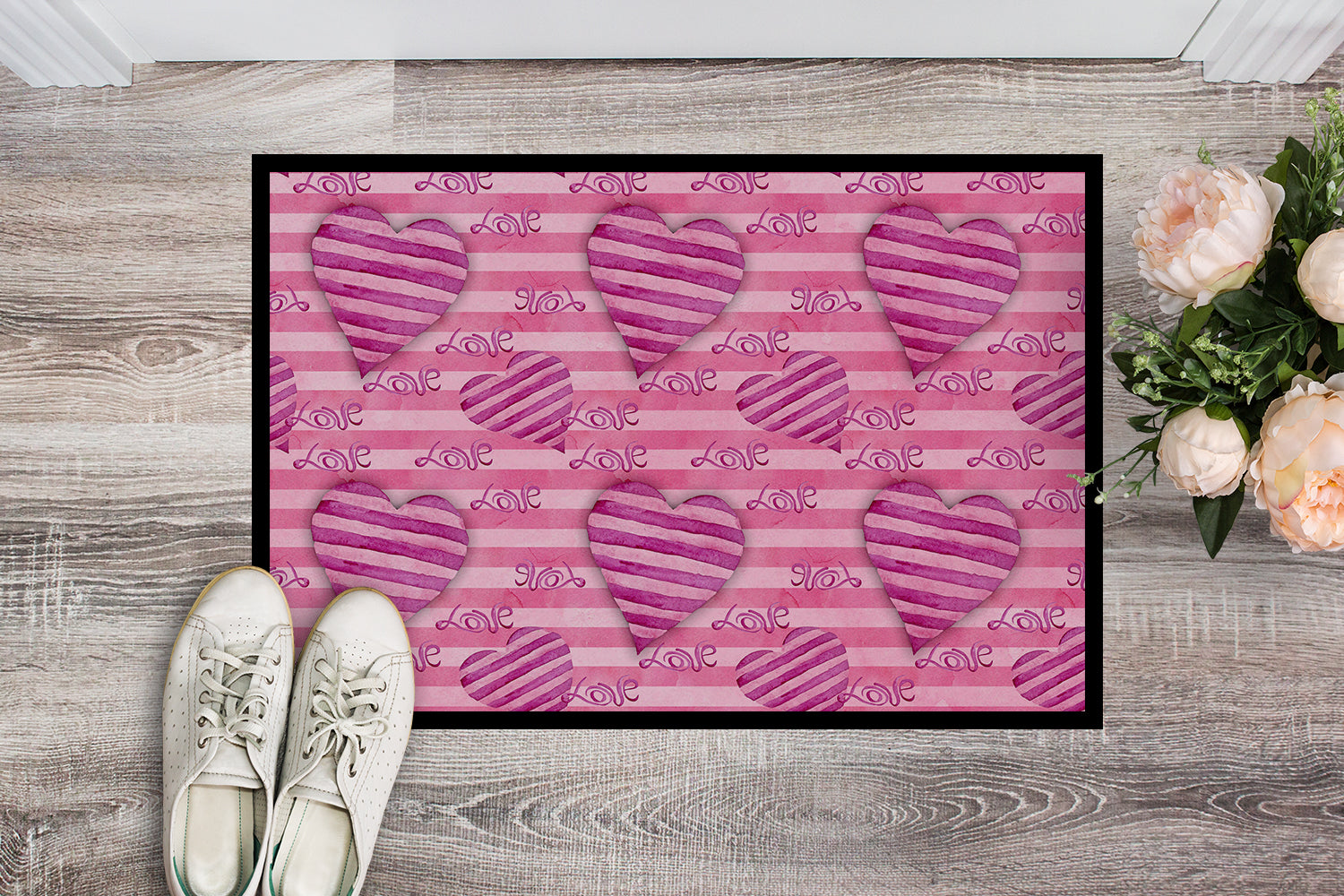 Watercolor Hot Pink Striped Hearts Indoor or Outdoor Mat 18x27 BB7566MAT - the-store.com