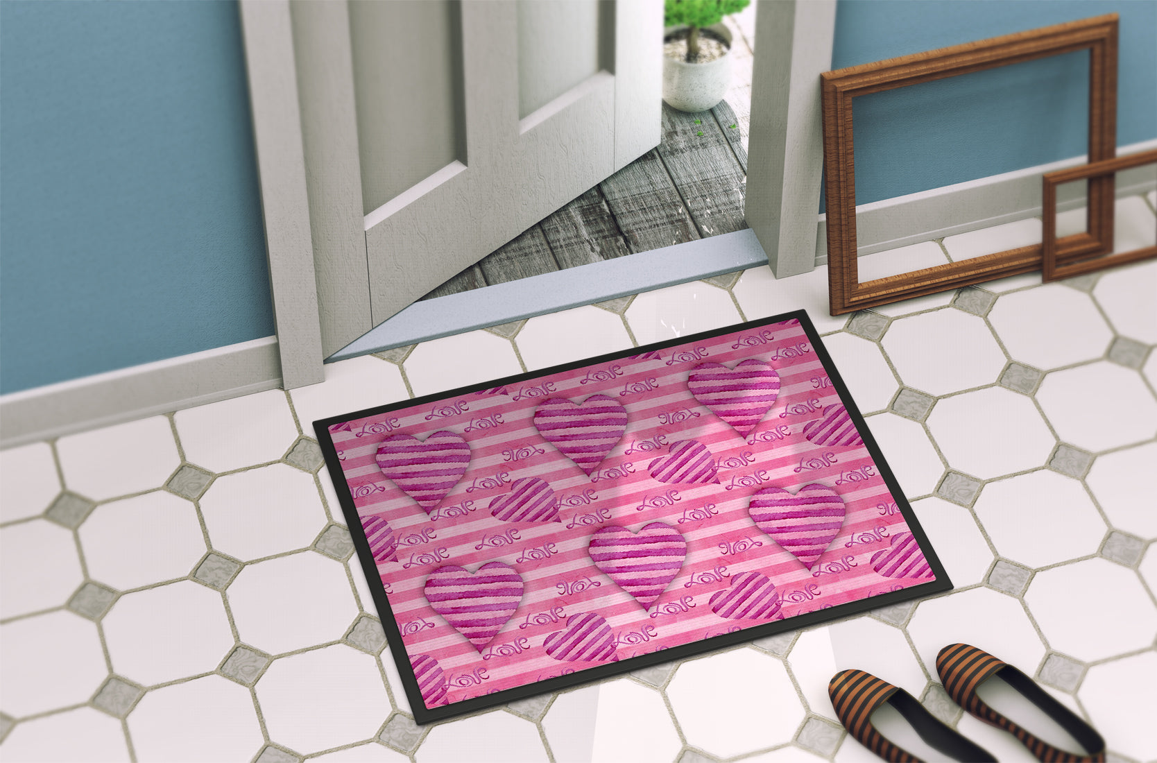 Watercolor Hot Pink Striped Hearts Indoor or Outdoor Mat 18x27 BB7566MAT - the-store.com