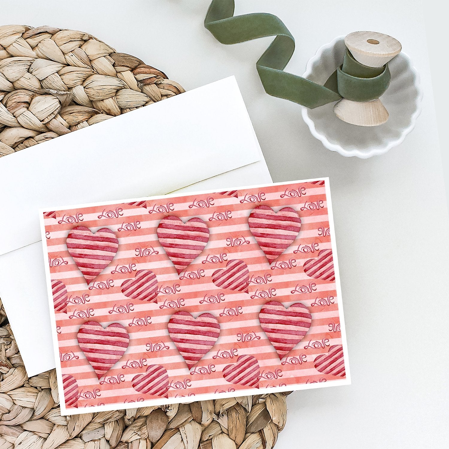 Watercolor Red Striped Hearts Greeting Cards and Envelopes Pack of 8 - the-store.com