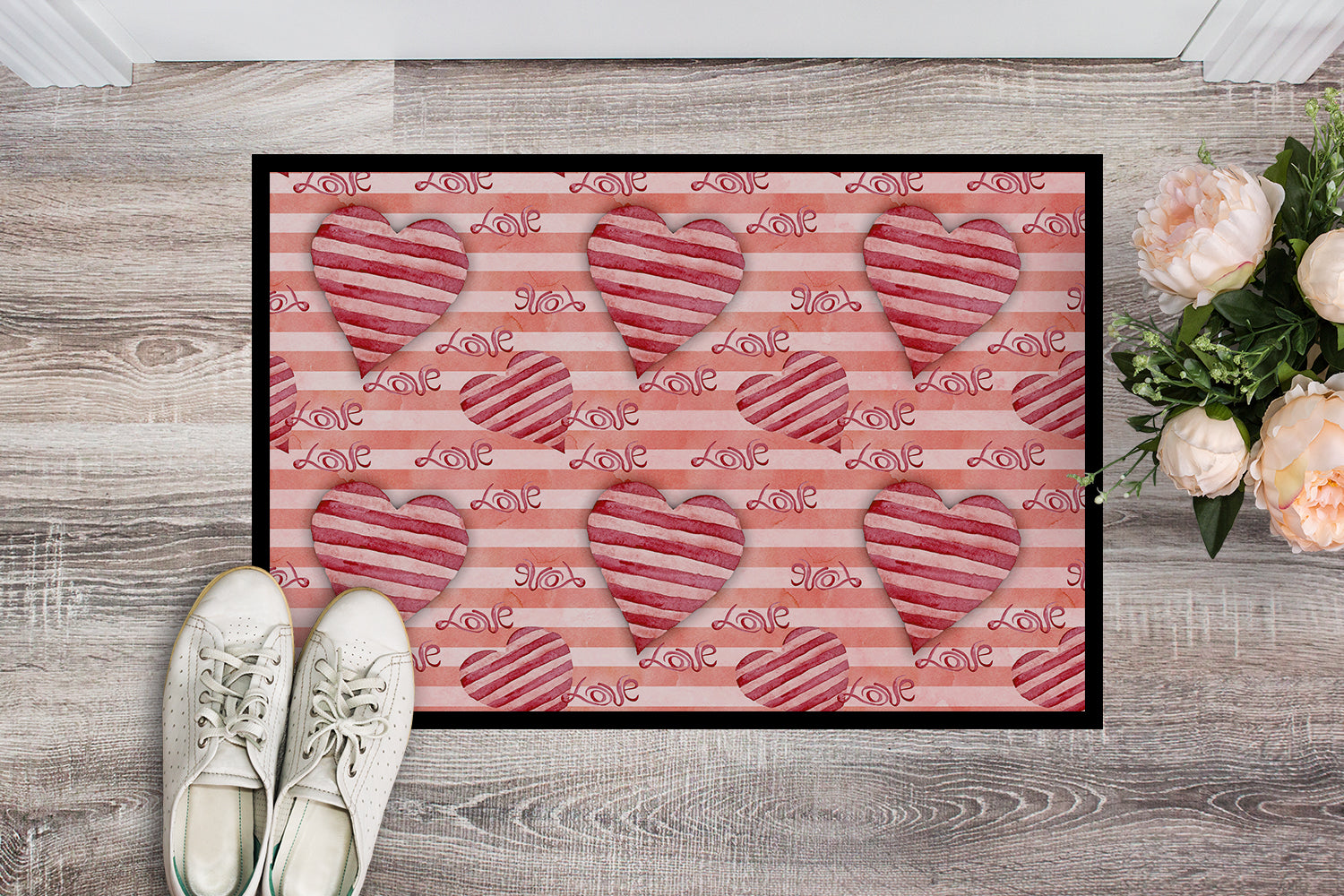 Watercolor Red Striped Hearts Indoor or Outdoor Mat 18x27 BB7567MAT - the-store.com