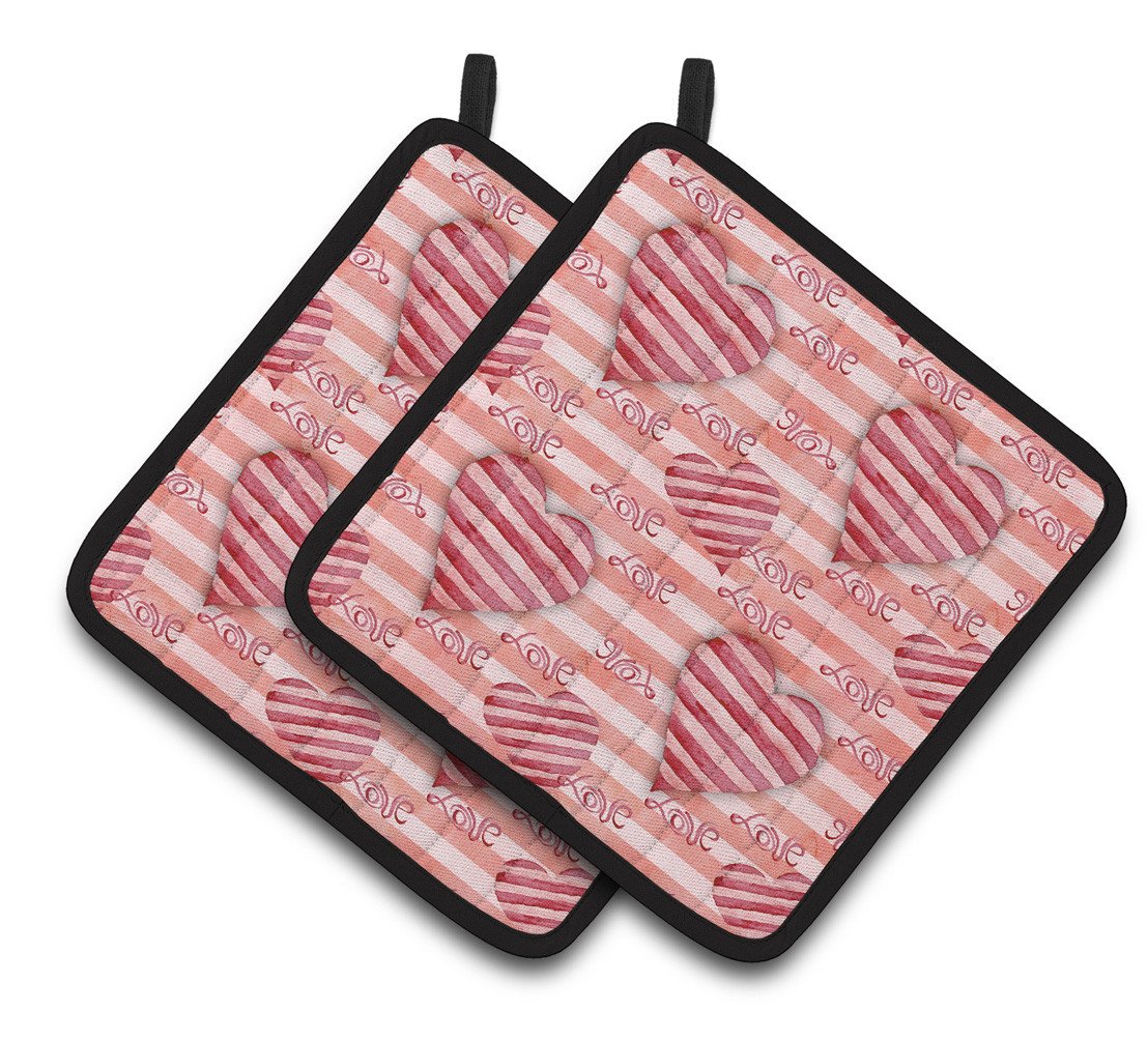 Watercolor Red Striped Hearts Pair of Pot Holders BB7567PTHD by Caroline&#39;s Treasures
