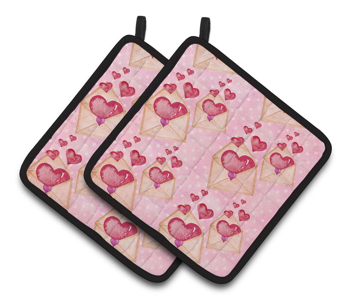 Watercolor Pink Love Letter Pair of Pot Holders BB7568PTHD by Caroline&#39;s Treasures