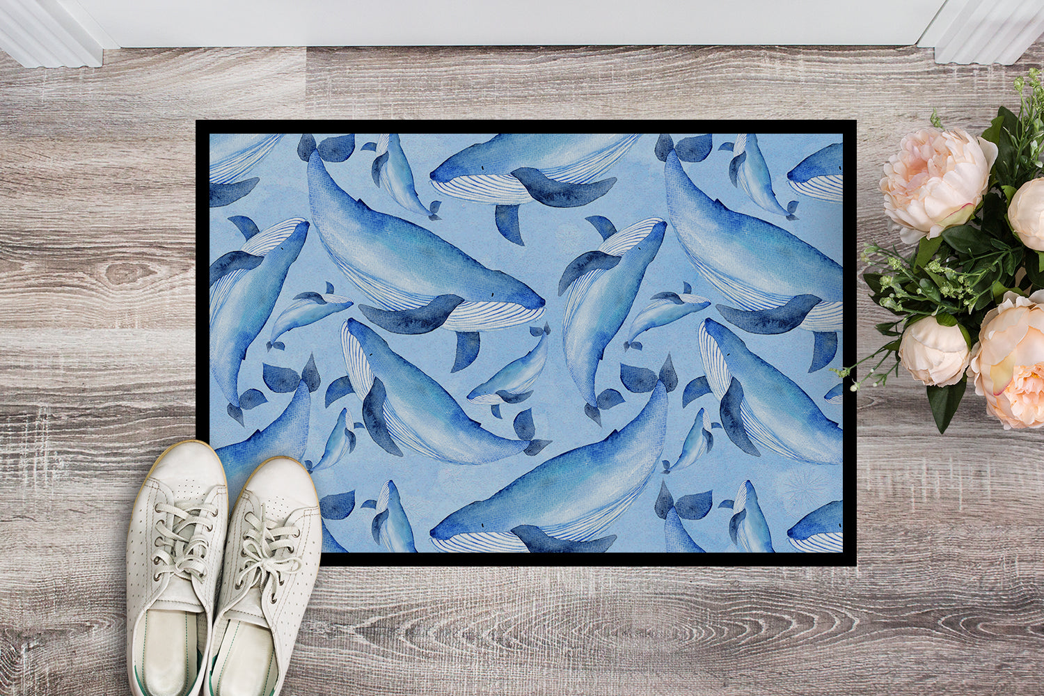 Watercolor Nautical Whales Indoor or Outdoor Mat 18x27 BB7575MAT - the-store.com