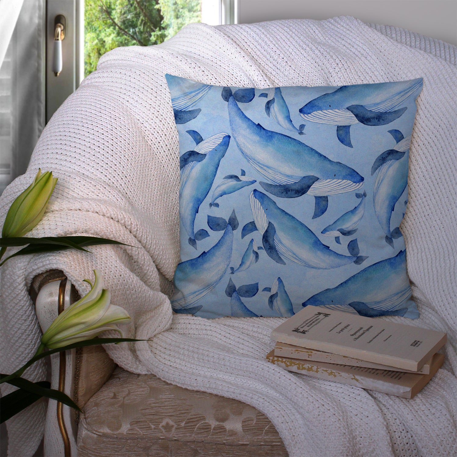 Watercolor Nautical Whales Fabric Decorative Pillow BB7575PW1414 - the-store.com