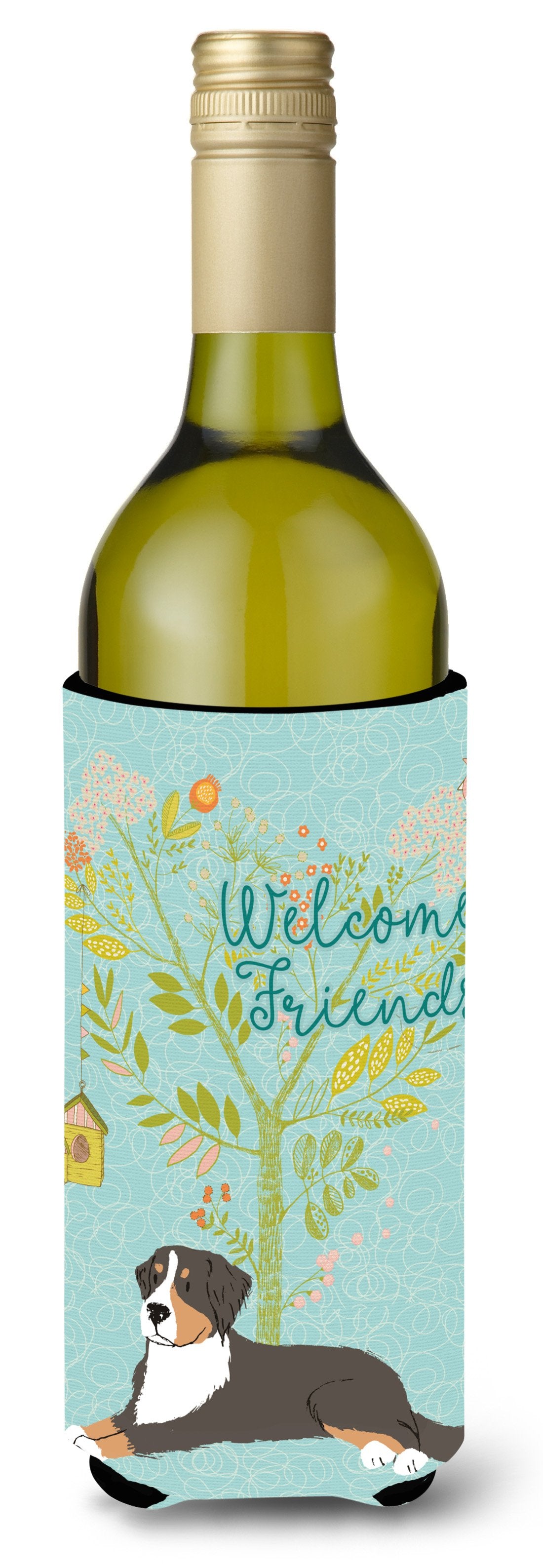 Welcome Friends Bernese Mountain Dog Wine Bottle Beverge Insulator Hugger BB7579LITERK by Caroline&#39;s Treasures