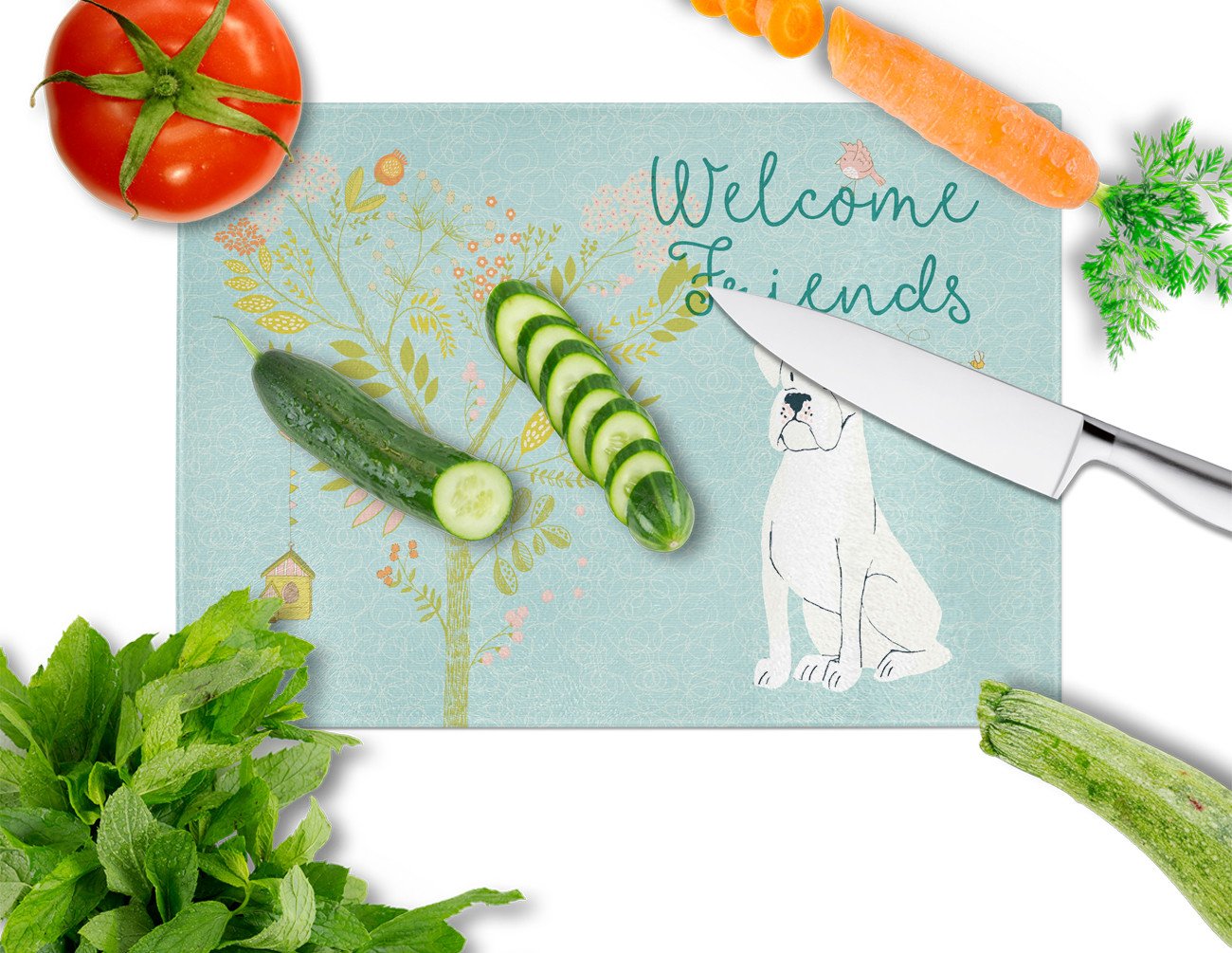 Welcome Friends White Boxer Glass Cutting Board Large BB7580LCB by Caroline's Treasures